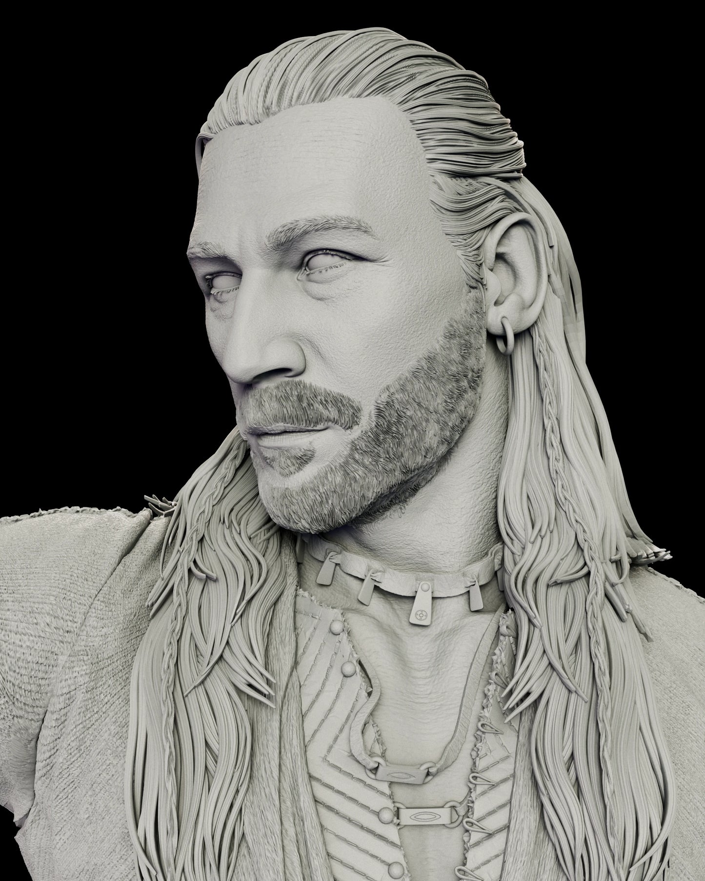 Portrait view of the Charles Vane figure model kit with swept back braided hair, a hoop earring, a close beard and a toothed choker at the throat