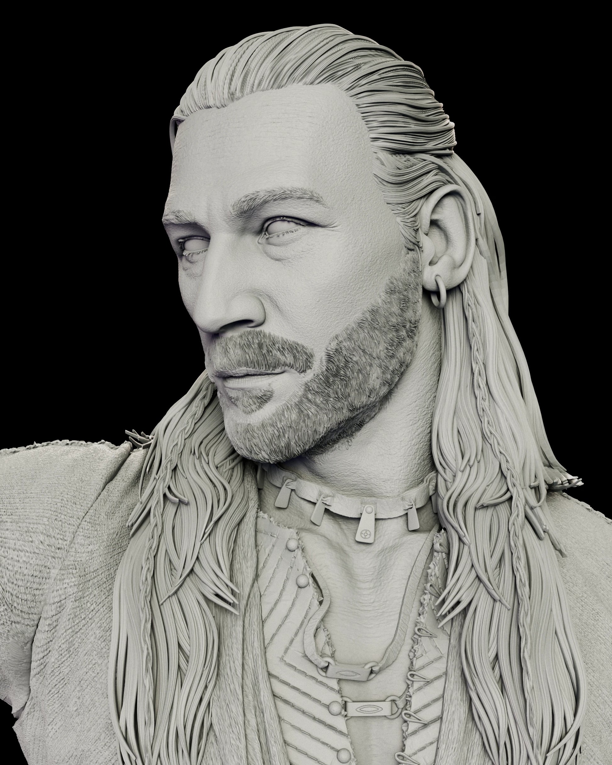 Portrait view of the Charles Vane figure model kit with swept back braided hair, a hoop earring, a close beard and a toothed choker at the throat