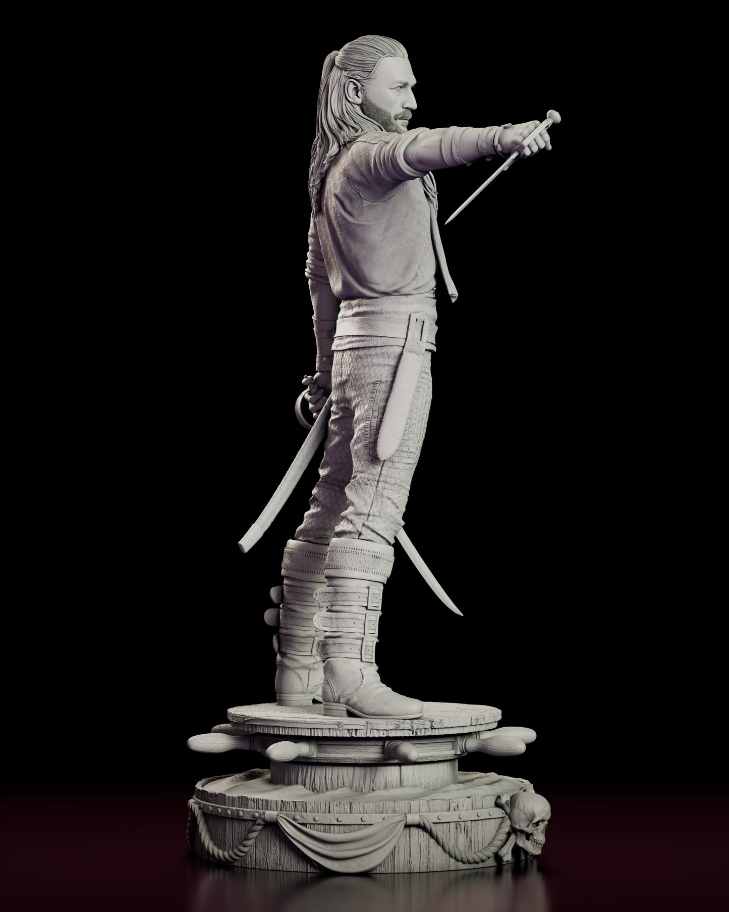 Right side view of the Charles Vane figure model kit showing the extended dagger arm, the belt scabbard and the strapping on his boots