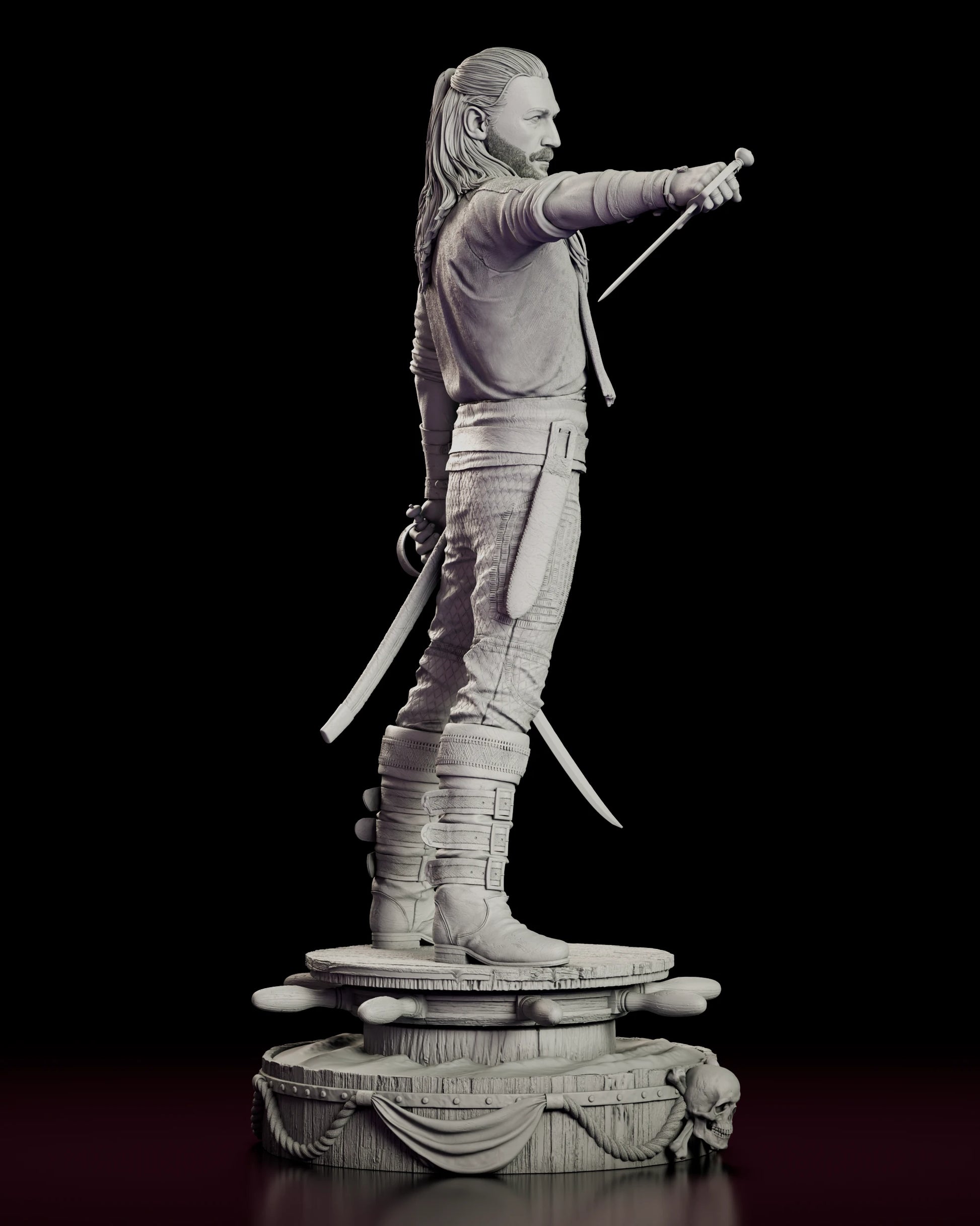 Right side view of the Charles Vane figure model kit showing the extended dagger arm, the belt scabbard and the strapping on his boots
