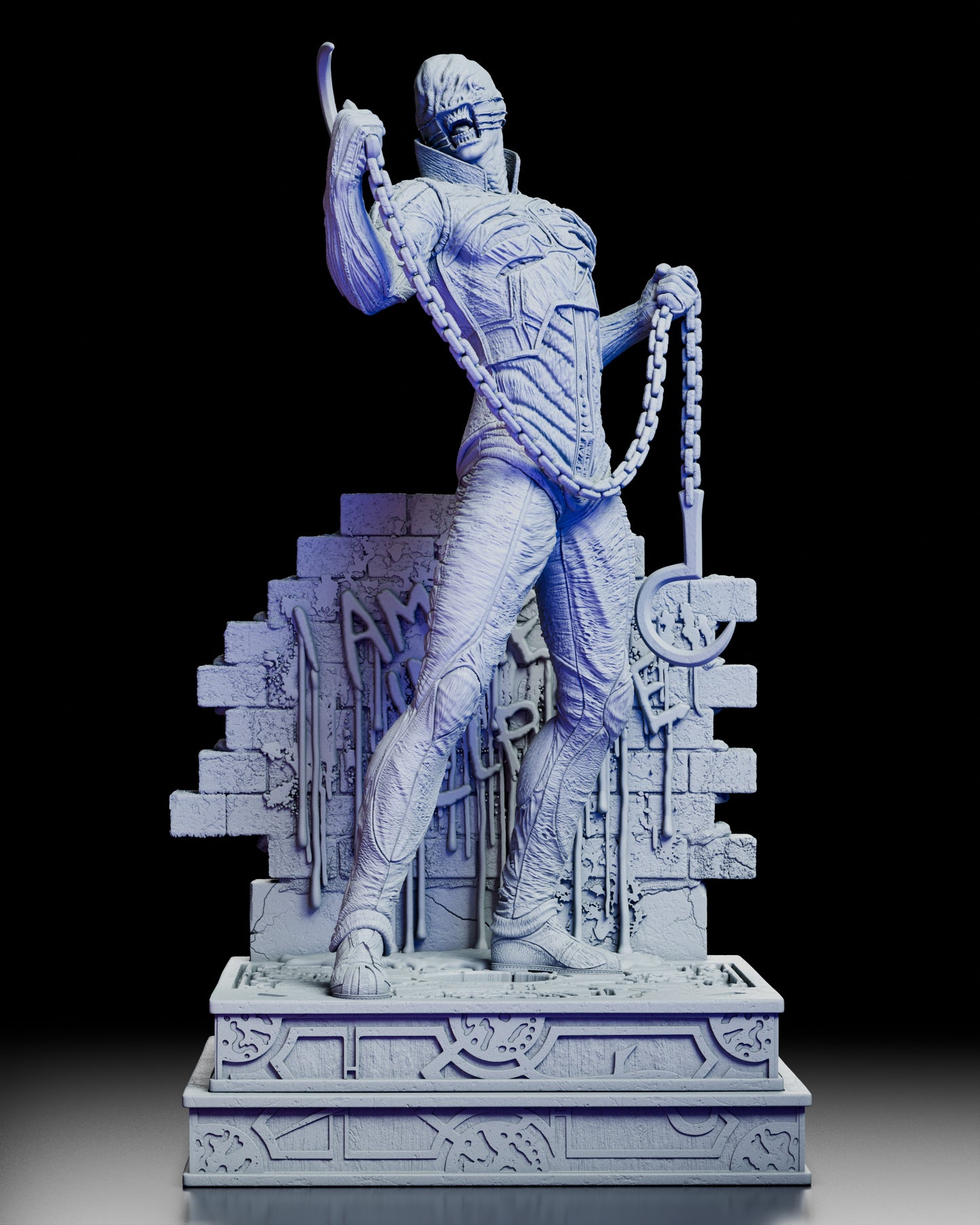 Front view of the Chatterer standing in a commanding pose with chains and hooks against a graffiti-marked brick wall base.