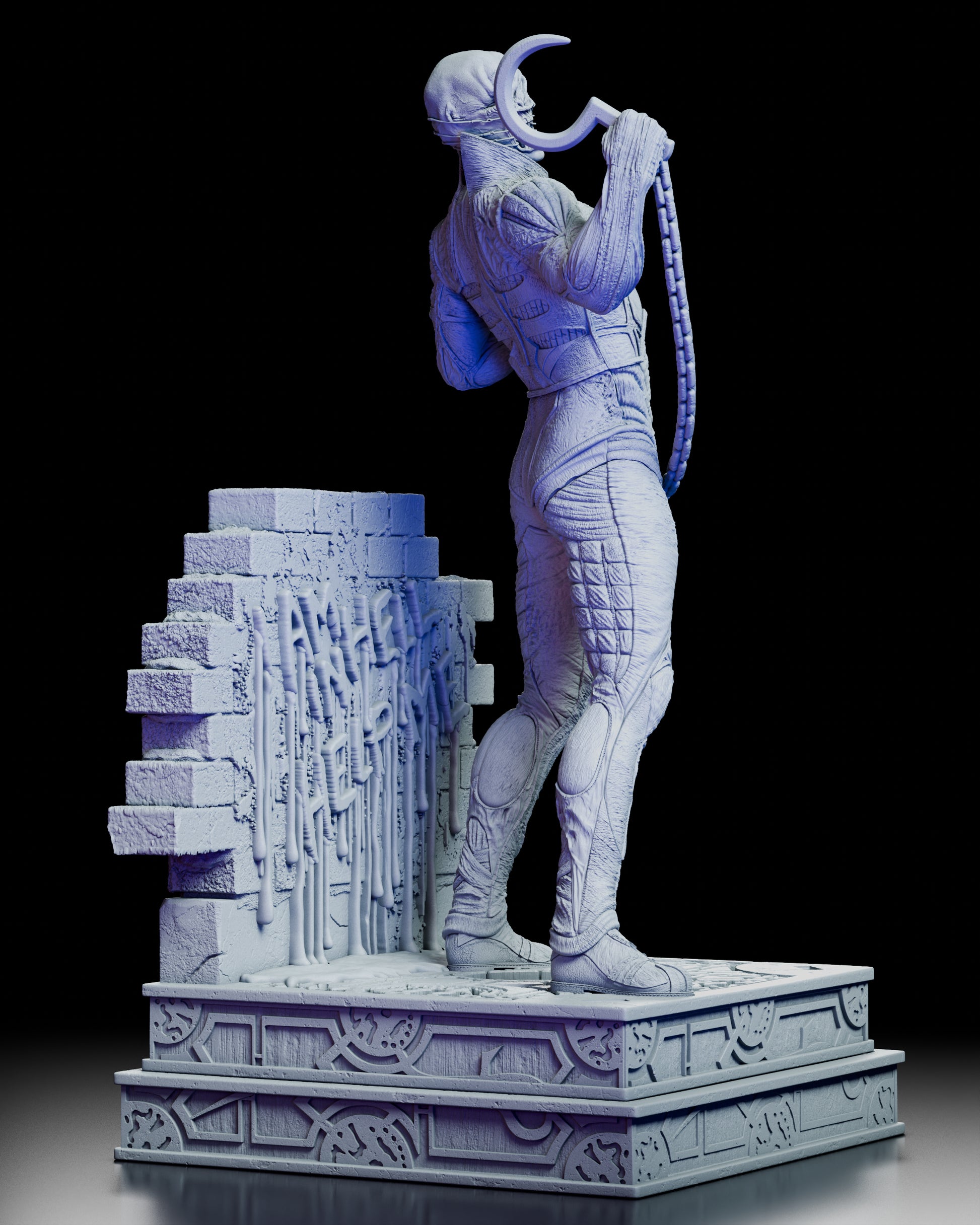 Right angled view of the Chatterer holding chained hooks with the damaged wall and dripping markings behind him.