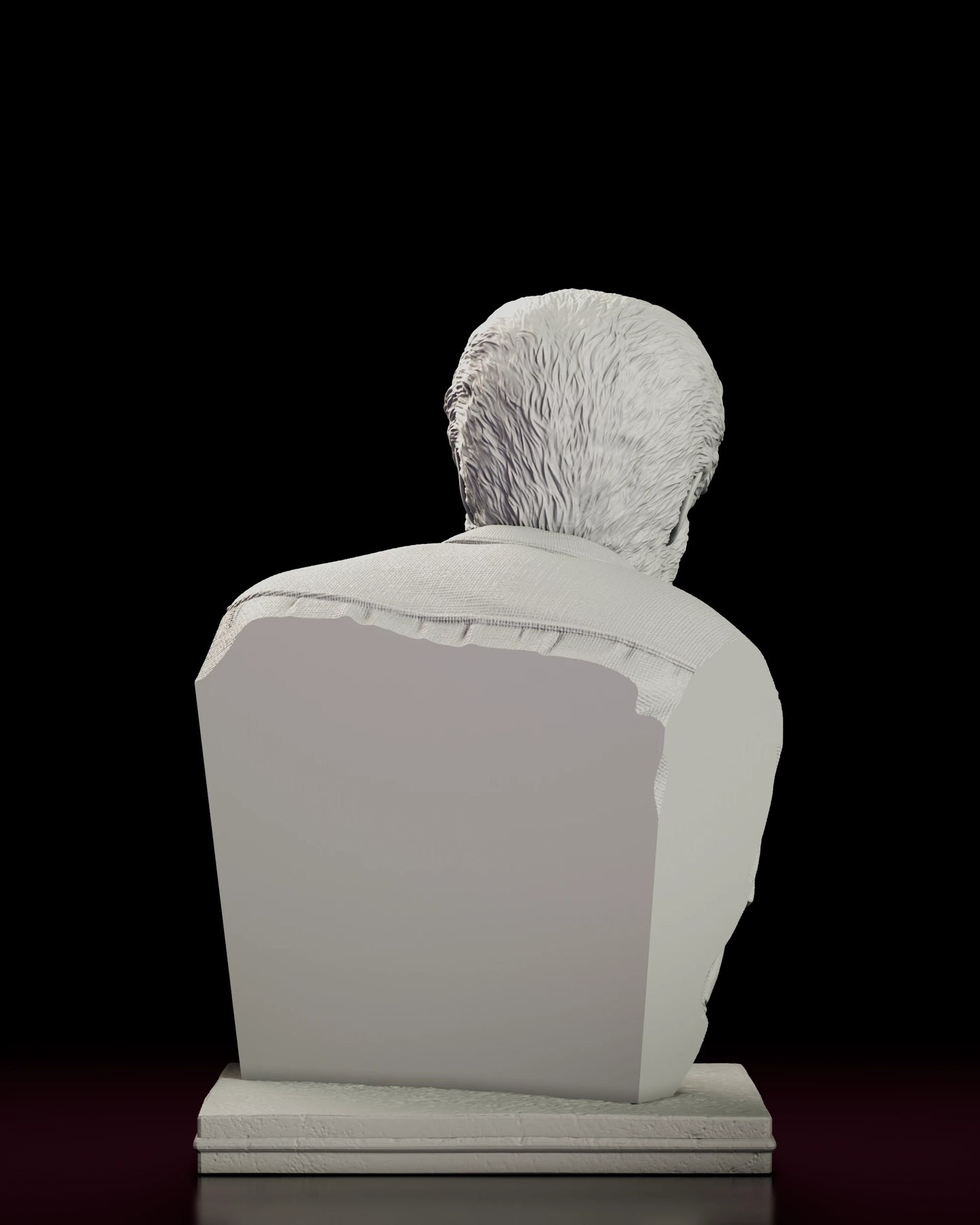 Rear view of the Classic Wolfman Portrait Bust showing the open cutaway back of the bust, the shirt shoulder yoke and the furred back of the head above the plinth