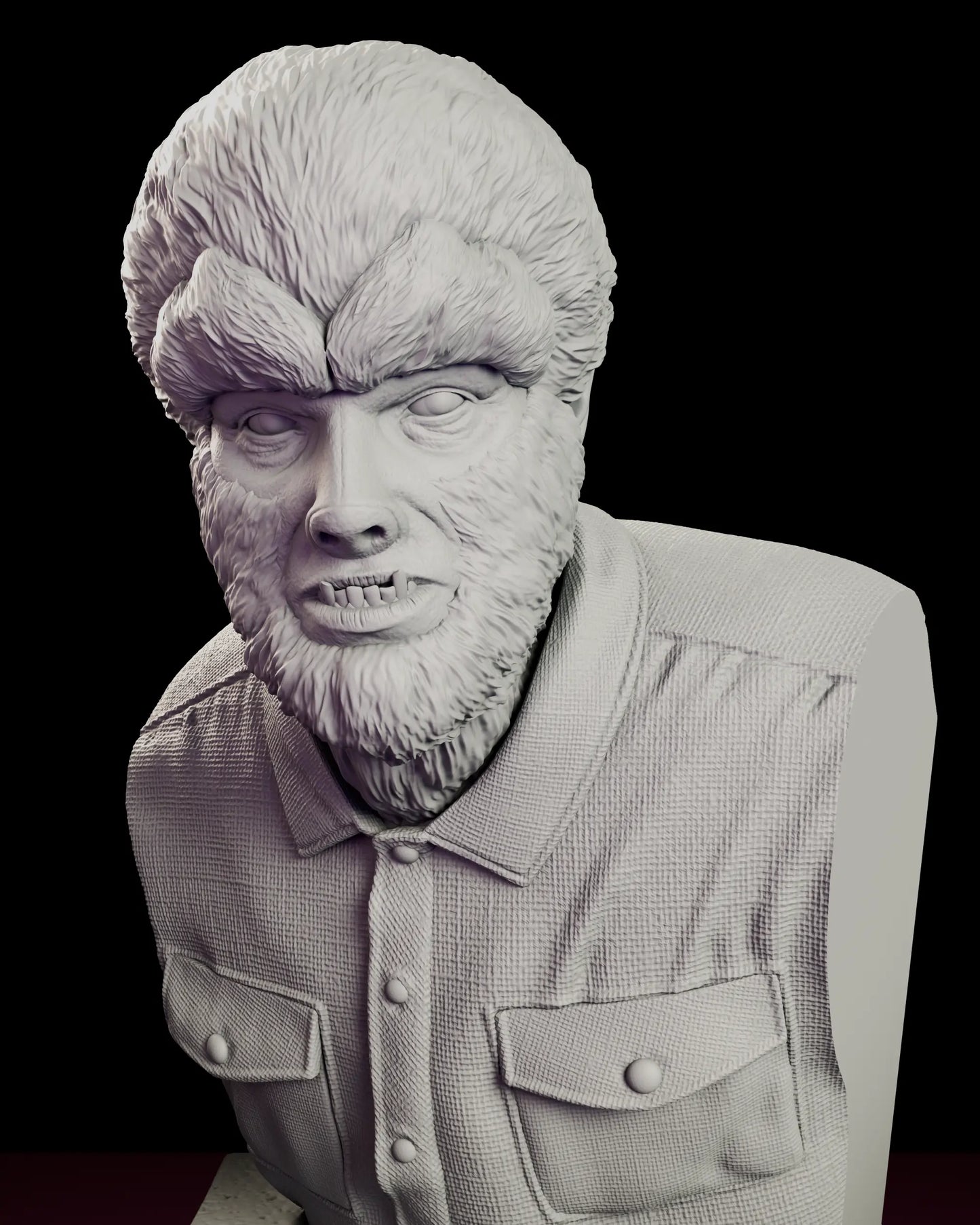 Close detail of the Classic Wolfman Portrait Bust showing the layered fur of the brow and beard against the woven texture, collar and buttoned flap pockets of the work shirt