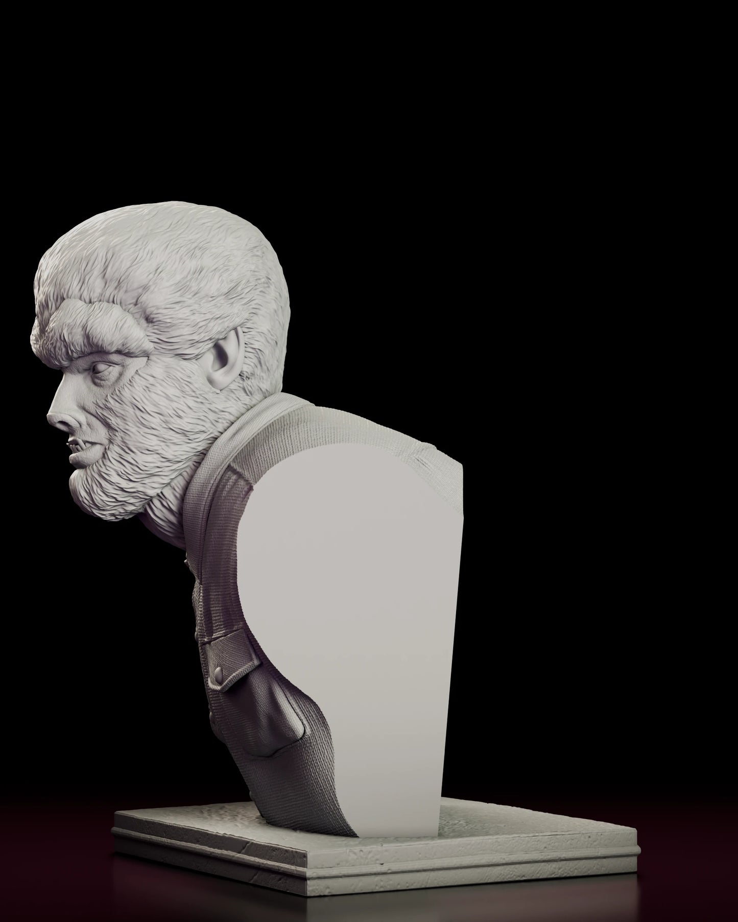 Left side view of the Classic Wolfman Portrait Bust showing the sweep of fur along the jaw and the collar and shoulder line of the work shirt
