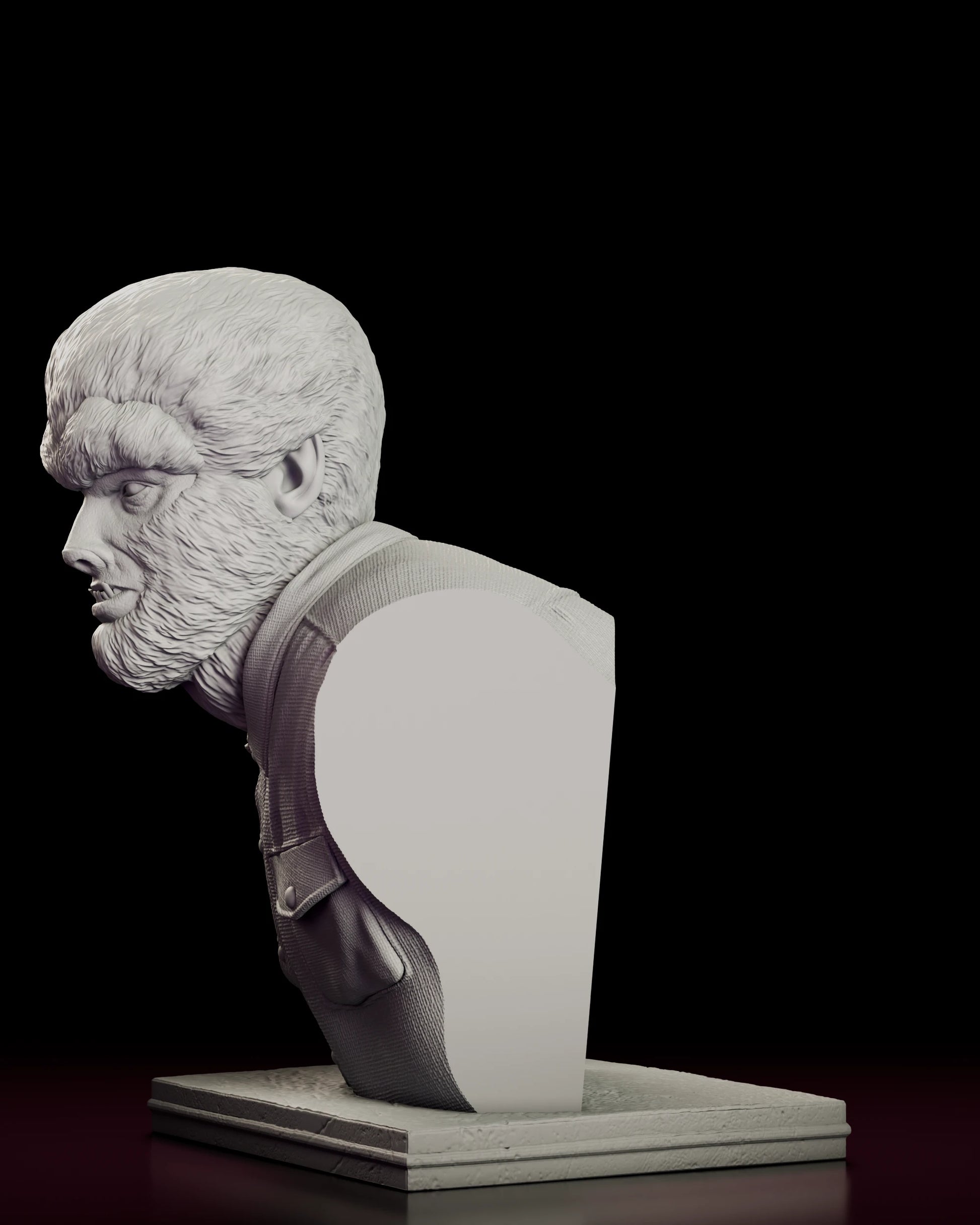 Left side view of the Classic Wolfman Portrait Bust showing the sweep of fur along the jaw and the collar and shoulder line of the work shirt