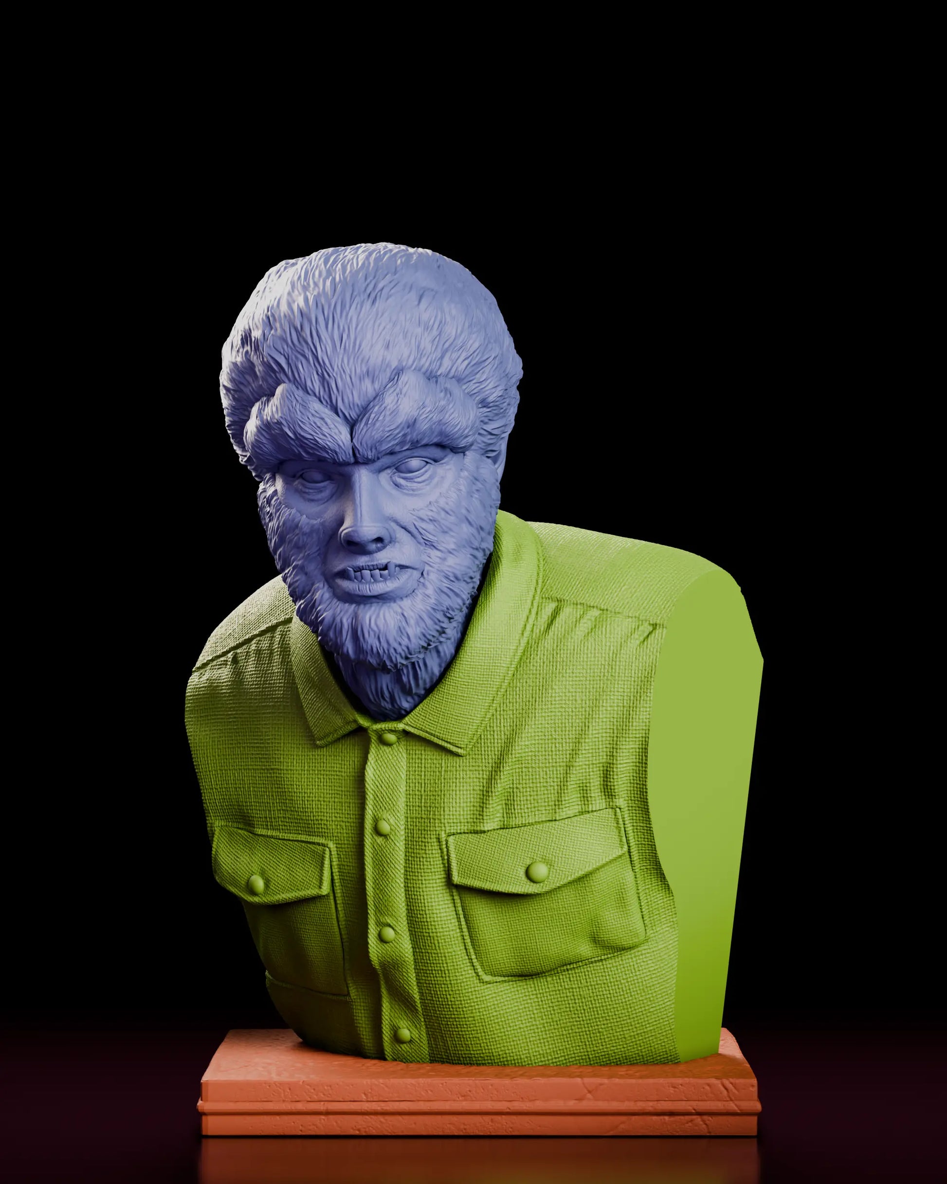 Parts breakdown of the Classic Wolfman Portrait Bust with each component shown in a separate colour, comprising the head, the shirted chest and the stepped plinth