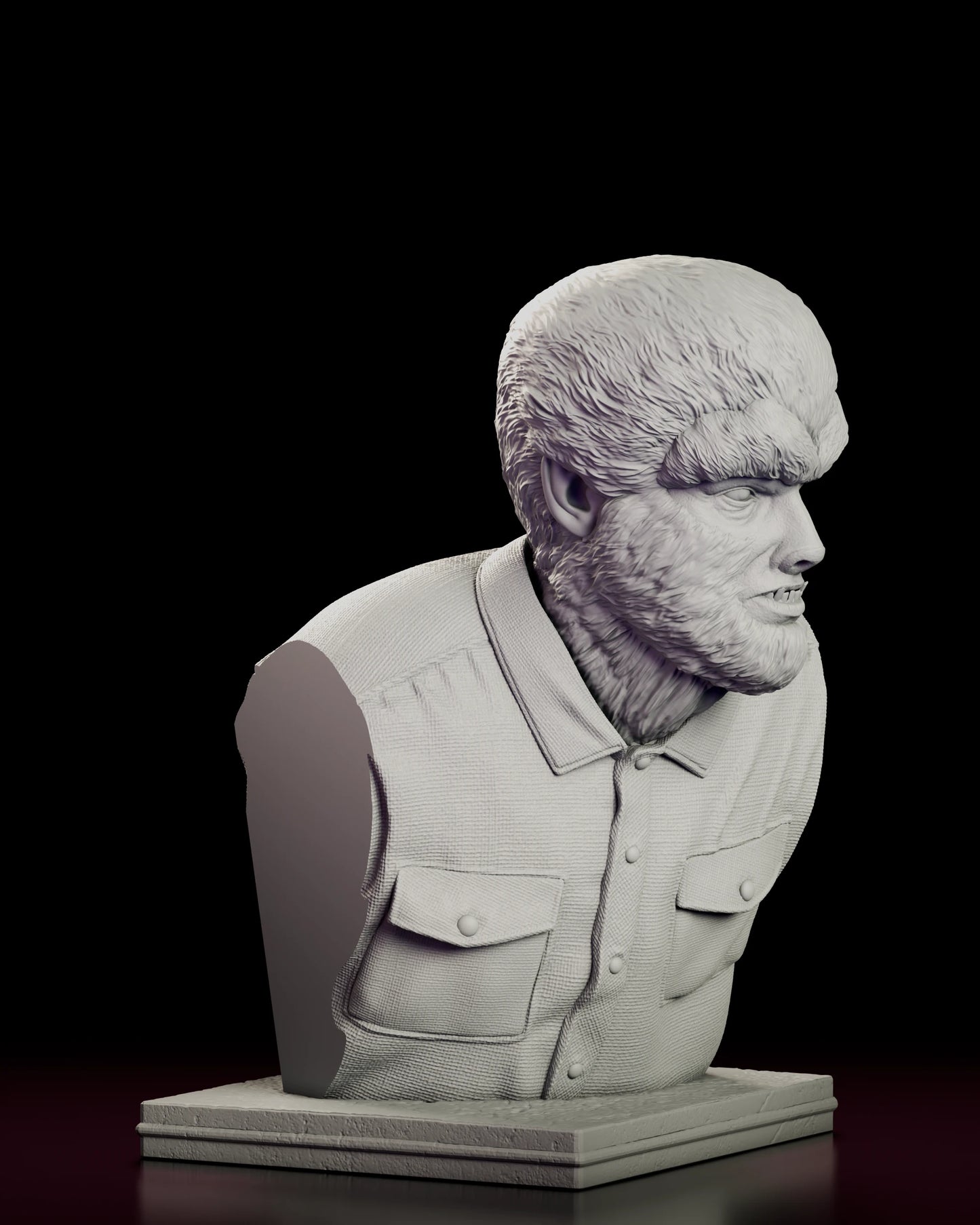 Right side view of the Classic Wolfman Portrait Bust showing the profile of the muzzle, the depth of the fur crest and the shoulder of the work shirt
