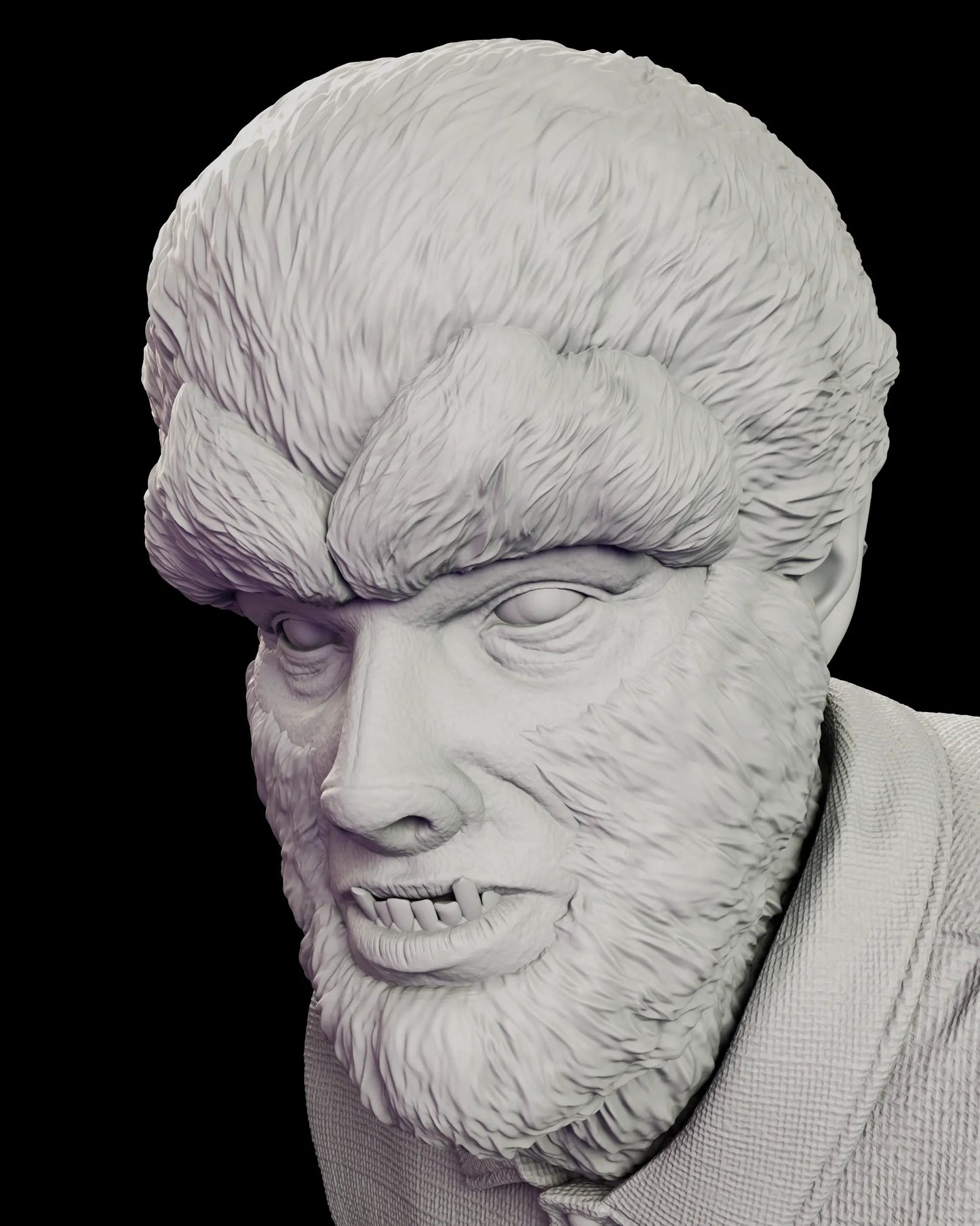 Head study of the Classic Wolfman Portrait Bust showing the swept-back fur crest, heavy brow, broad muzzle, bared teeth and a human ear set among the fur