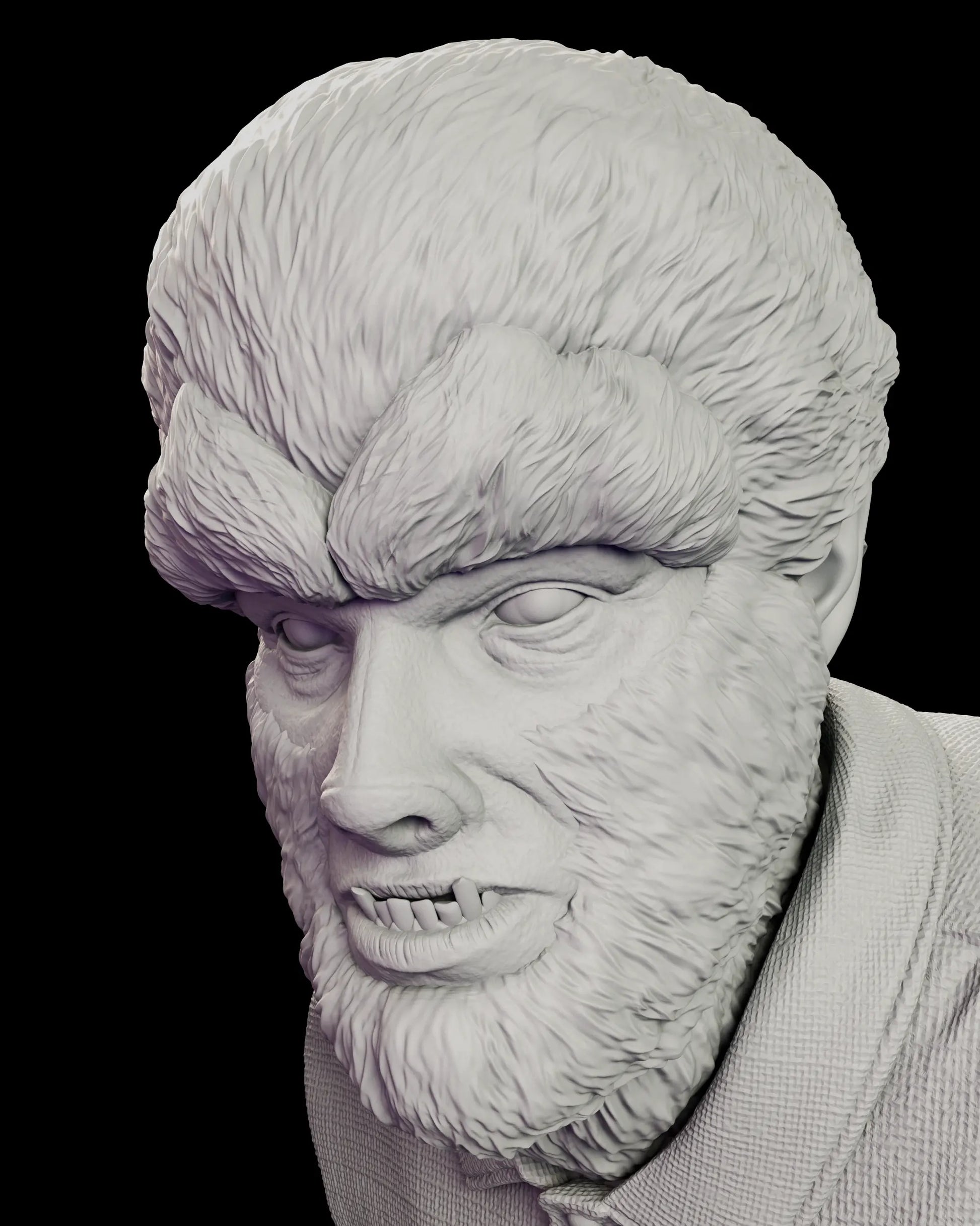 Head study of the Classic Wolfman Portrait Bust showing the swept-back fur crest, heavy brow, broad muzzle, bared teeth and a human ear set among the fur