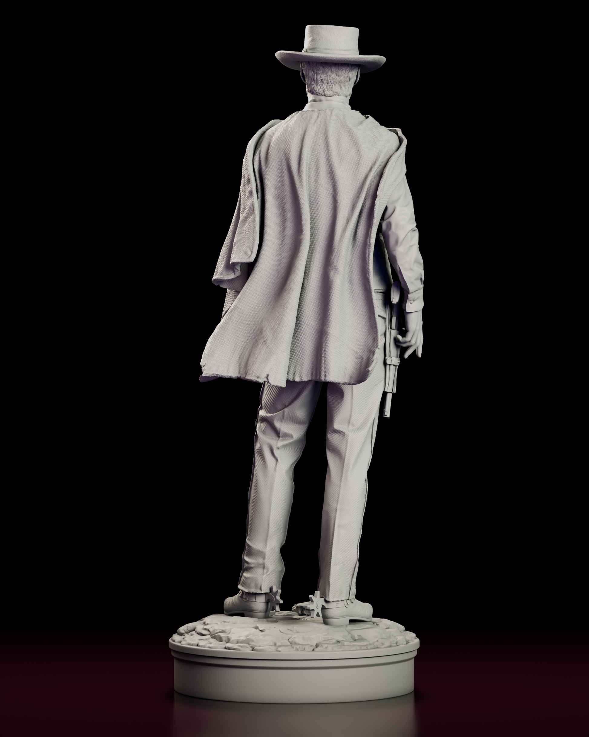 Rear view of Blondie western gunslinger figure showing flowing poncho and classic cowboy attire standing on rocky base