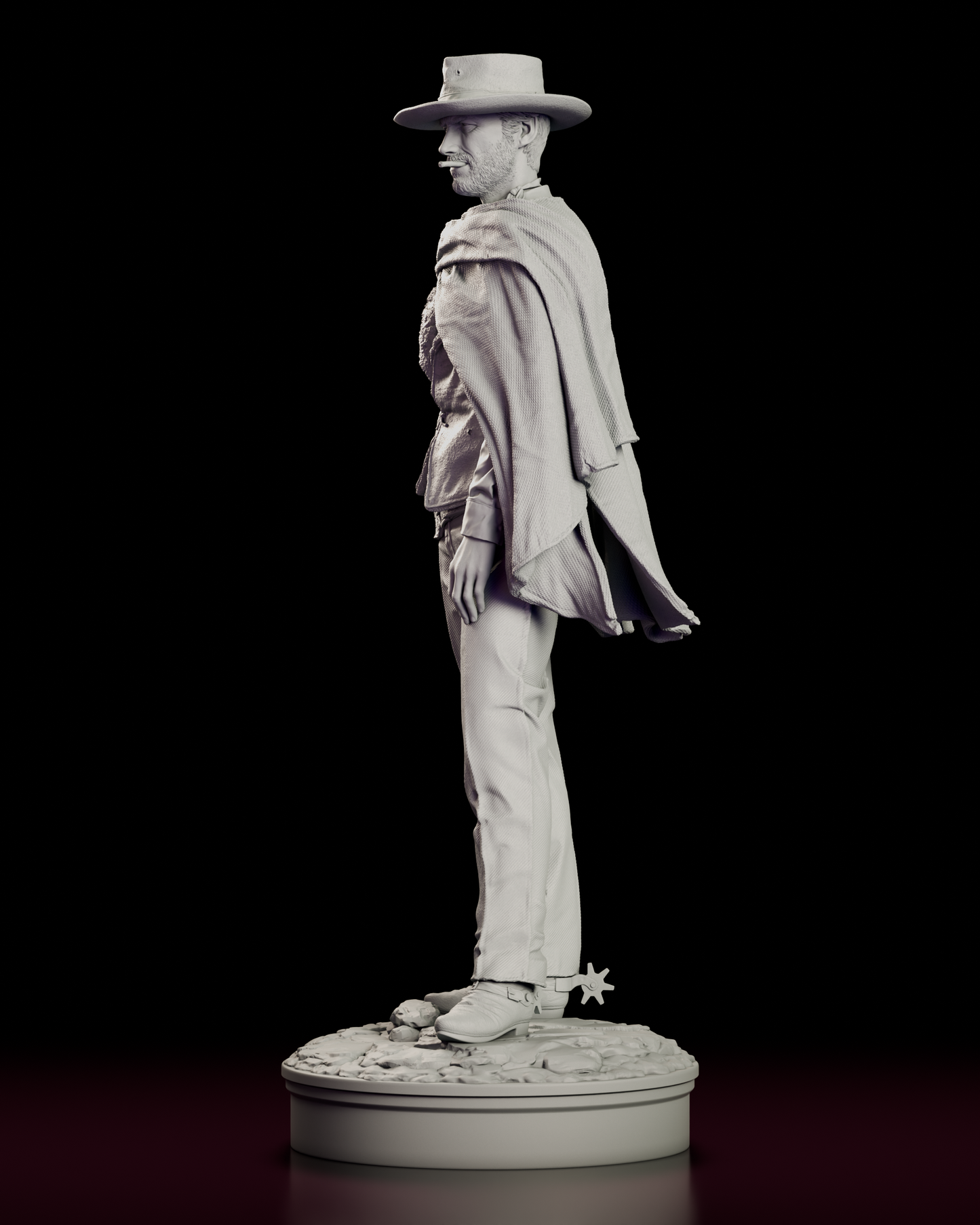 Left profile view of Blondie The Man With No Name gunslinger figure highlighting poncho drape holster and relaxed stance