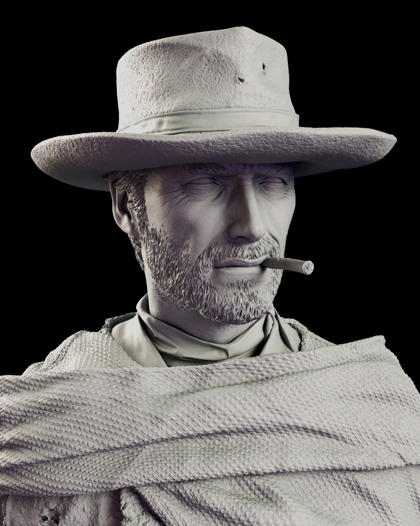 Close up portrait of Blondie The Man With No Name western gunslinger showing hat facial stubble and cigarillo detail