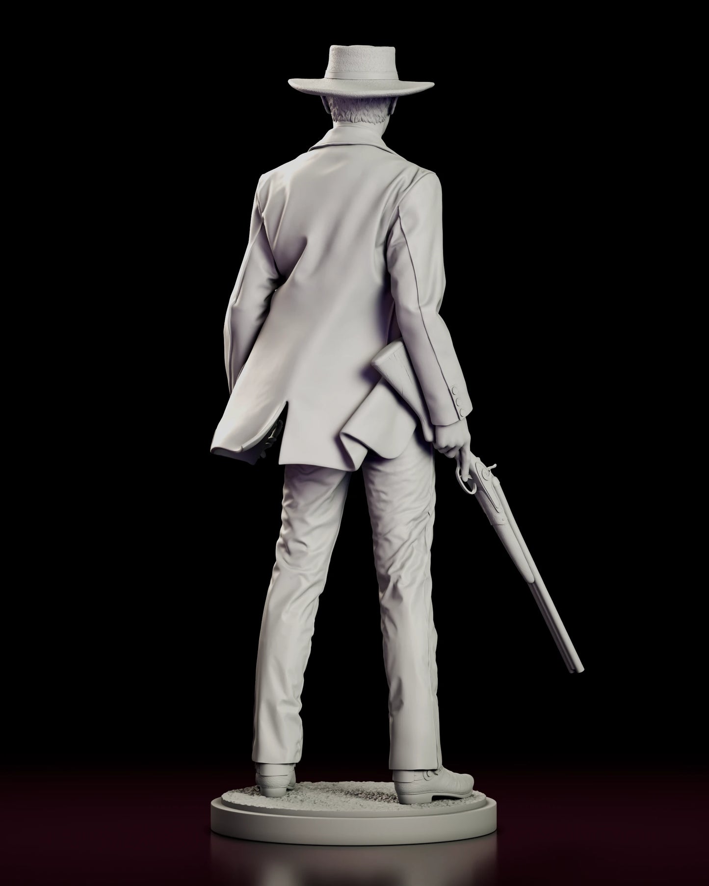 Rear view of the Colonel Douglas Mortimer figure model kit showing the vented back of the frock coat, the buttoned cuffs and the carbine held low behind the hip