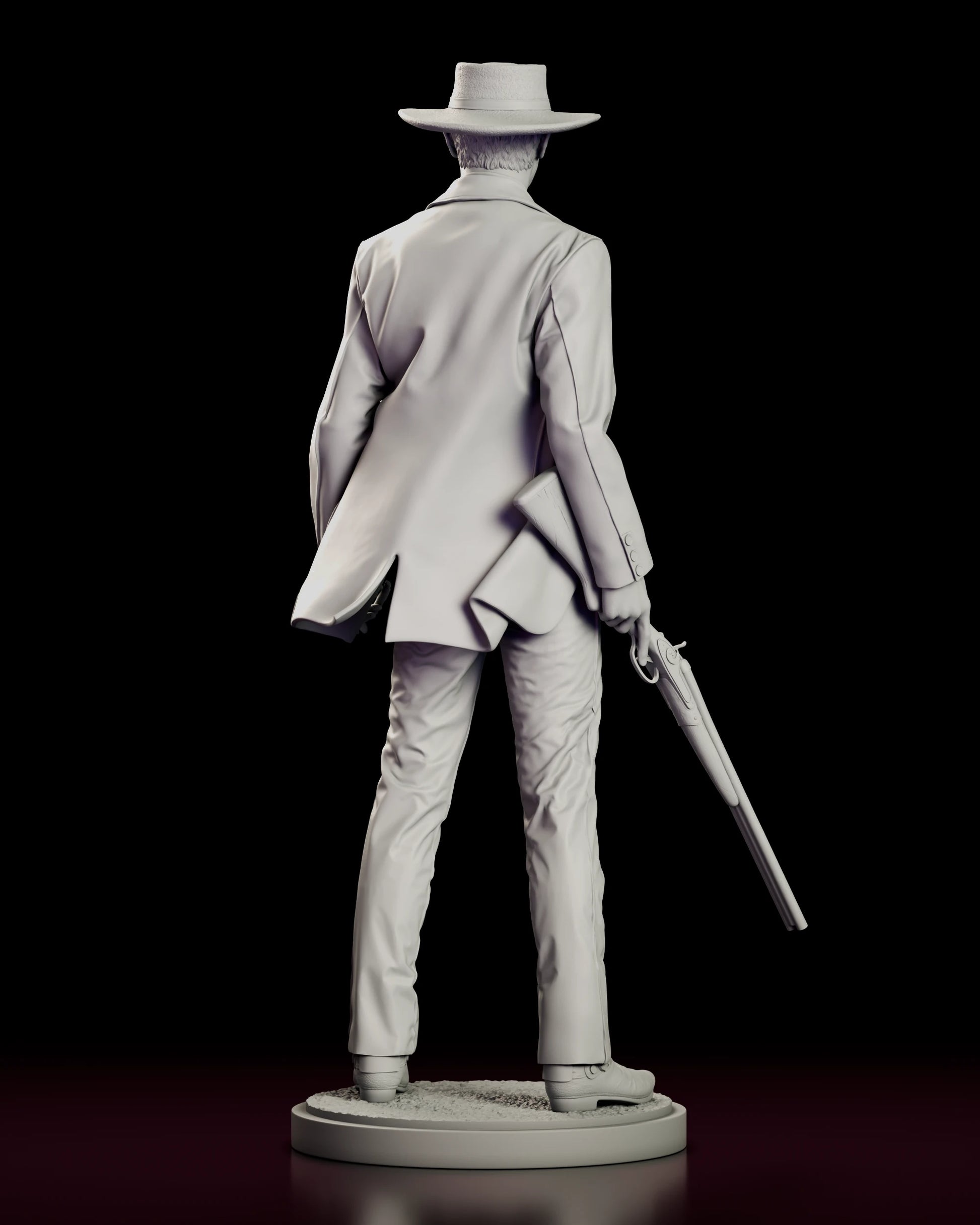 Rear view of the Colonel Douglas Mortimer figure model kit showing the vented back of the frock coat, the buttoned cuffs and the carbine held low behind the hip