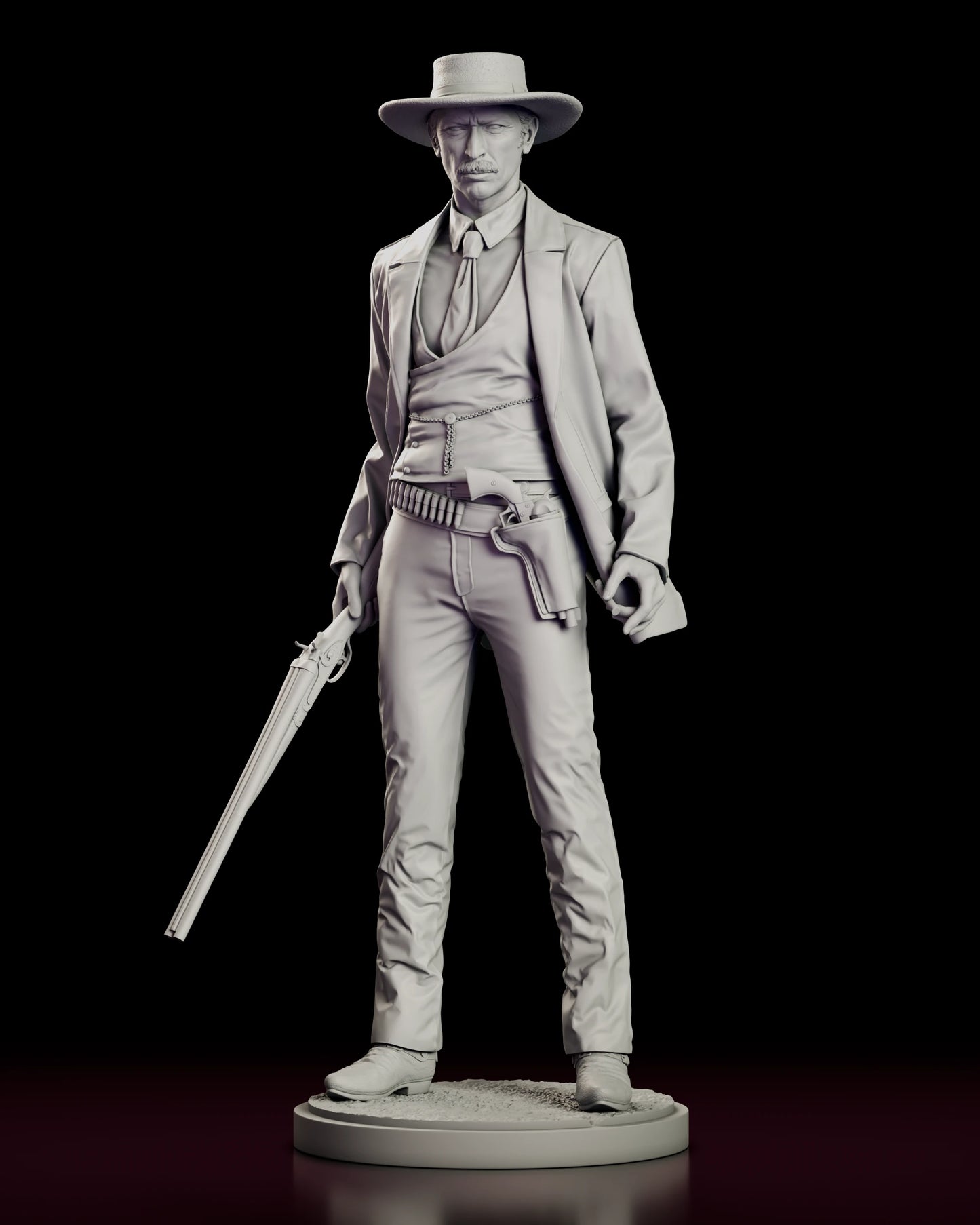 Front view of the Colonel Douglas Mortimer figure model kit standing square with the long carbine hanging in one hand and the other curled open beside the holster