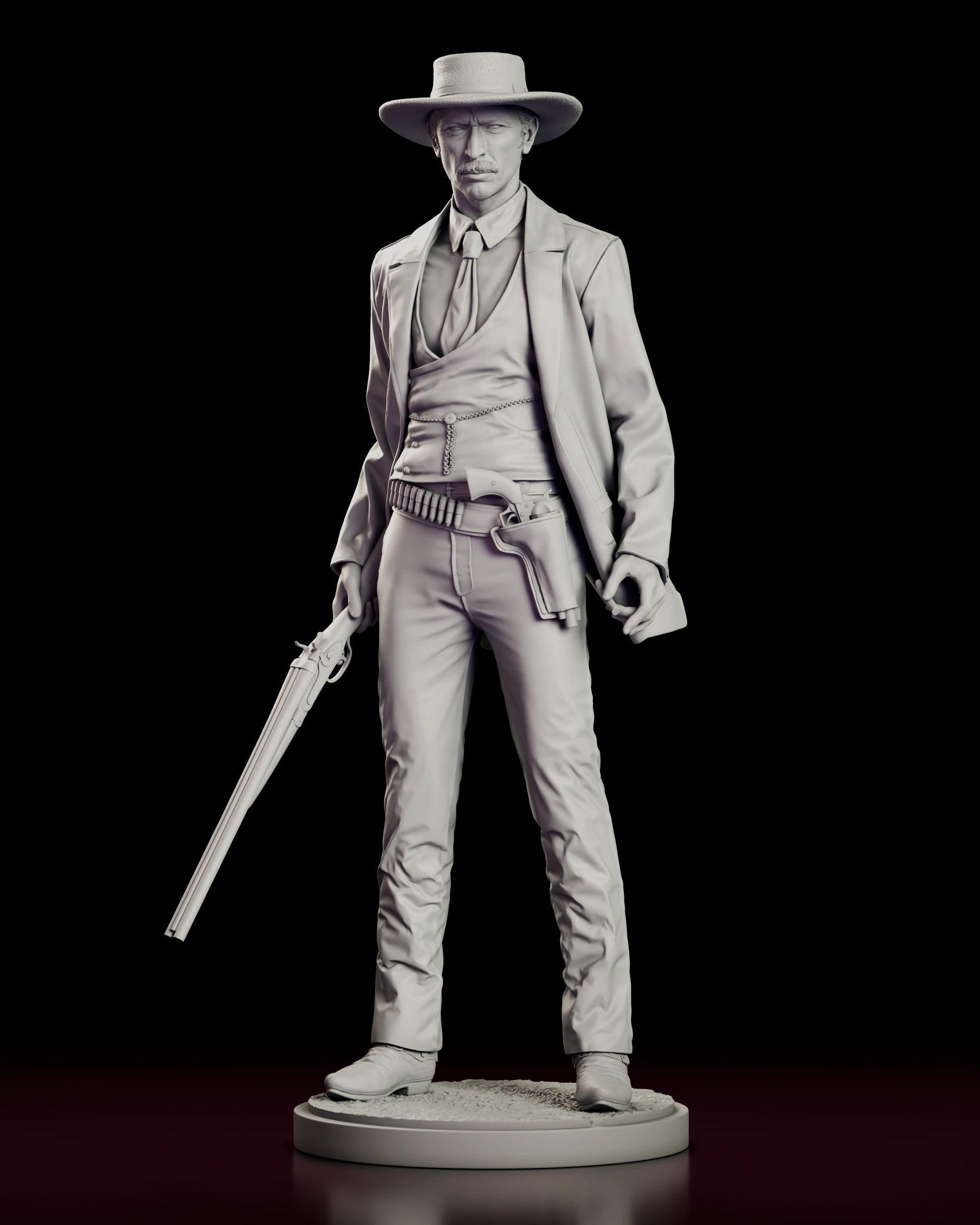 Front view of the Colonel Douglas Mortimer figure model kit standing square with the long carbine hanging in one hand and the other curled open beside the holster