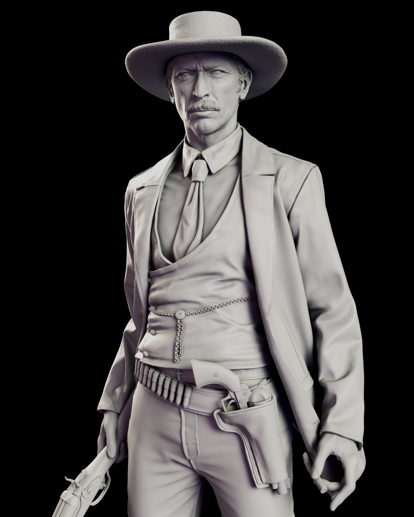 Close view of the upper body of the Colonel Douglas Mortimer figure model kit, showing the knotted string tie, the waistcoat watch chain and fob, the loaded cartridge belt and the holstered revolver
