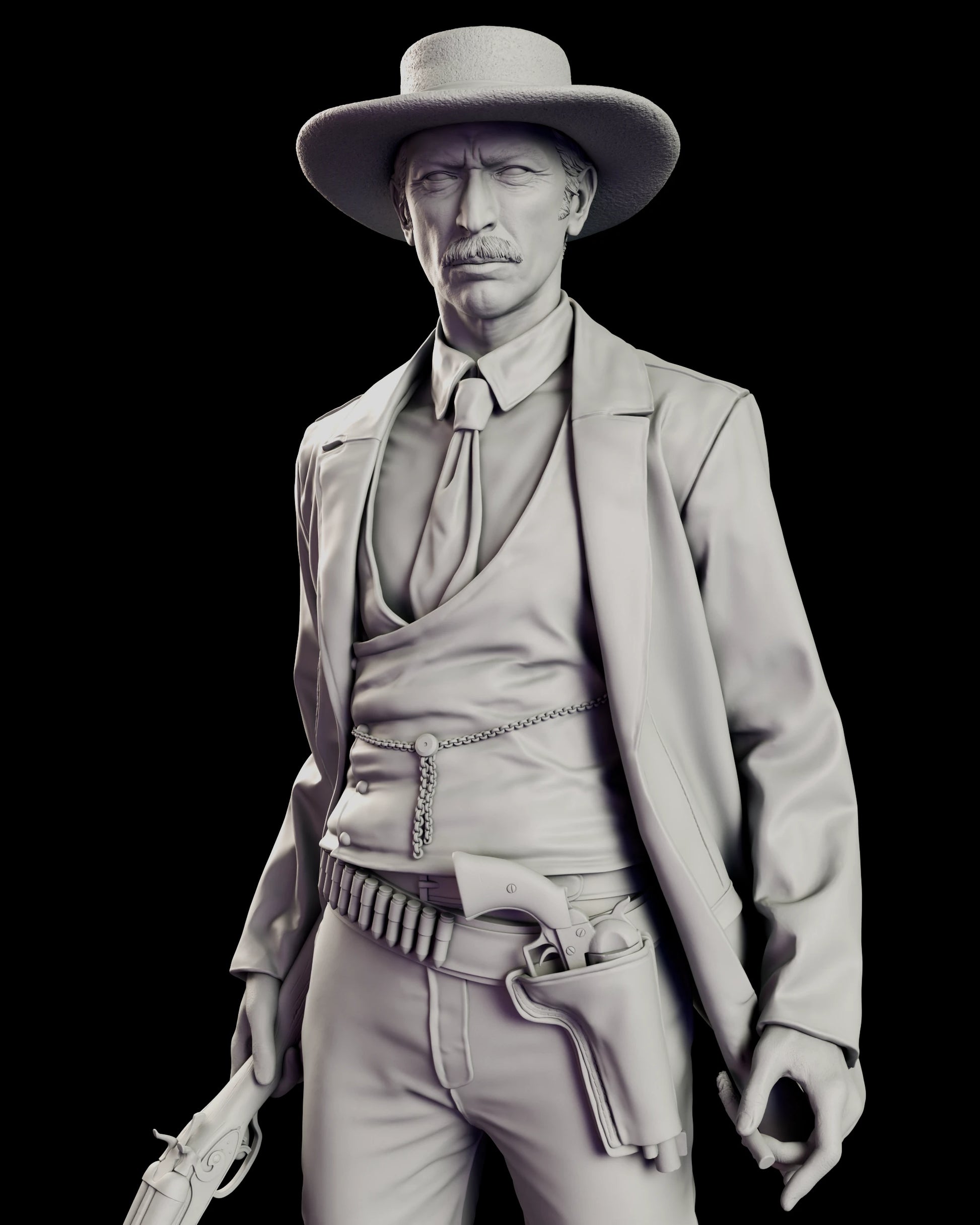 Close view of the upper body of the Colonel Douglas Mortimer figure model kit, showing the knotted string tie, the waistcoat watch chain and fob, the loaded cartridge belt and the holstered revolver