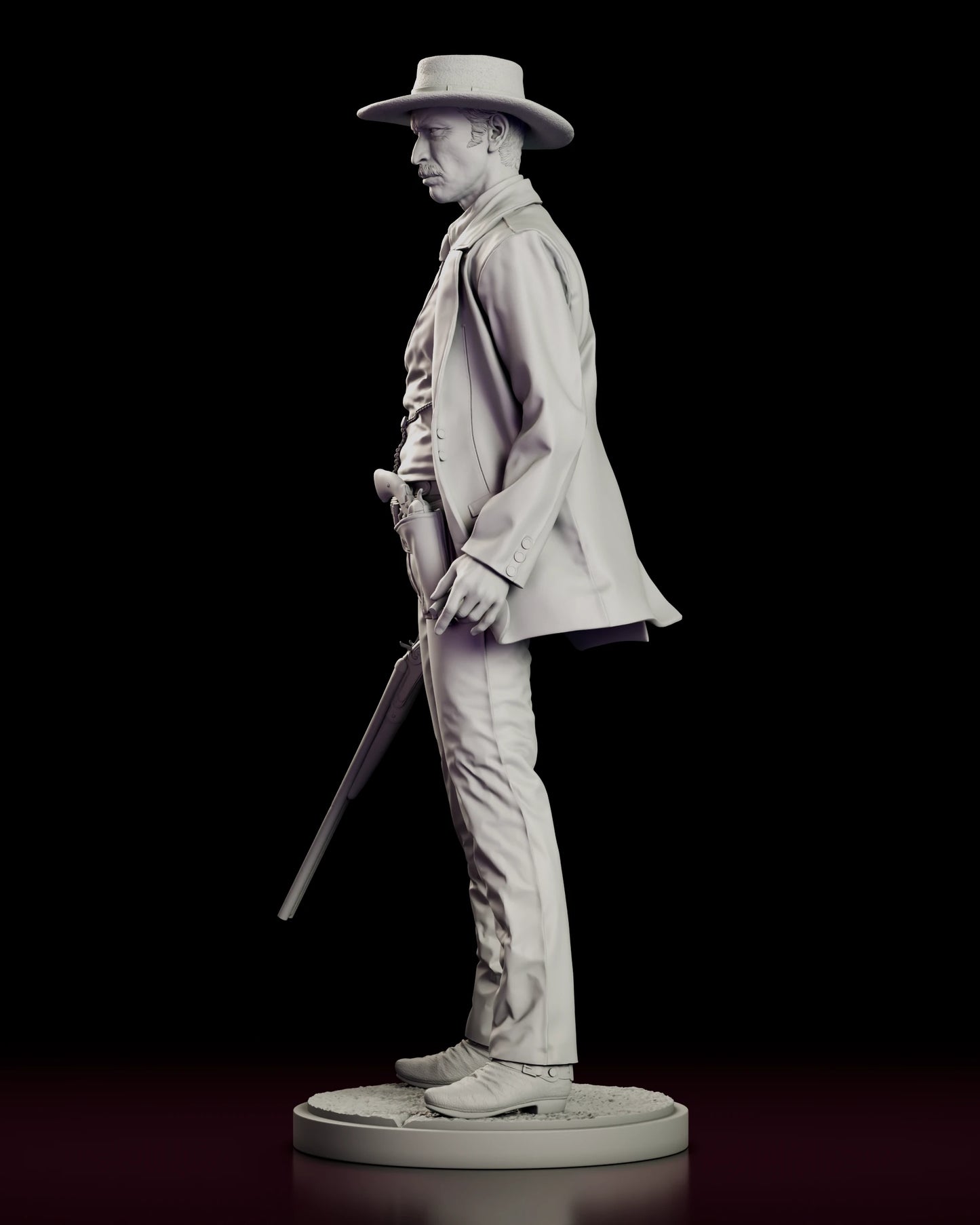 Left side profile of the Colonel Douglas Mortimer figure model kit showing the hat brim, the hanging coat tails and the twin barrels of the carbine dropped alongside the leg