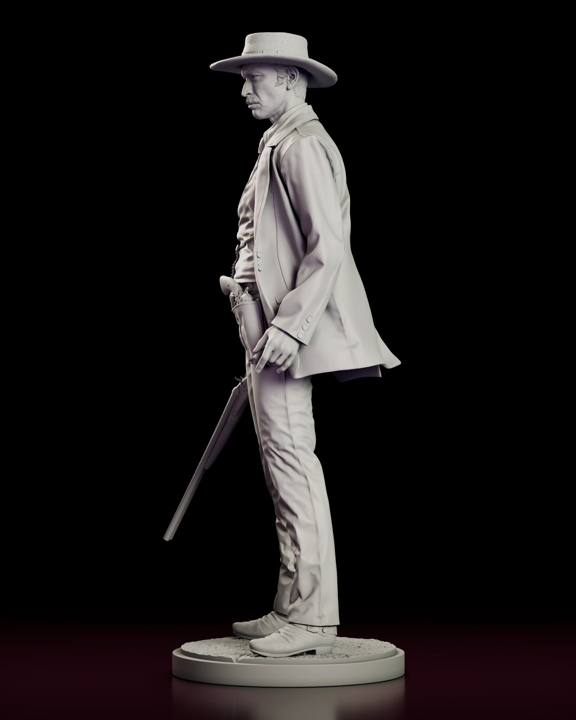 Left side profile of the Colonel Douglas Mortimer figure model kit showing the hat brim, the hanging coat tails and the twin barrels of the carbine dropped alongside the leg