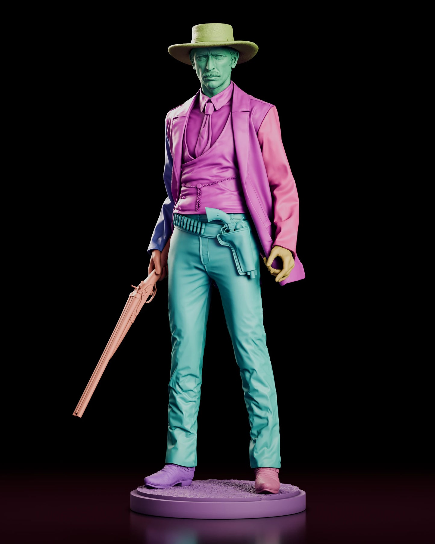 Parts breakdown of the Colonel Douglas Mortimer figure model kit with the hat, head, coat, torso, arms, hands, carbine, legs, boots and round base shown in separate colours