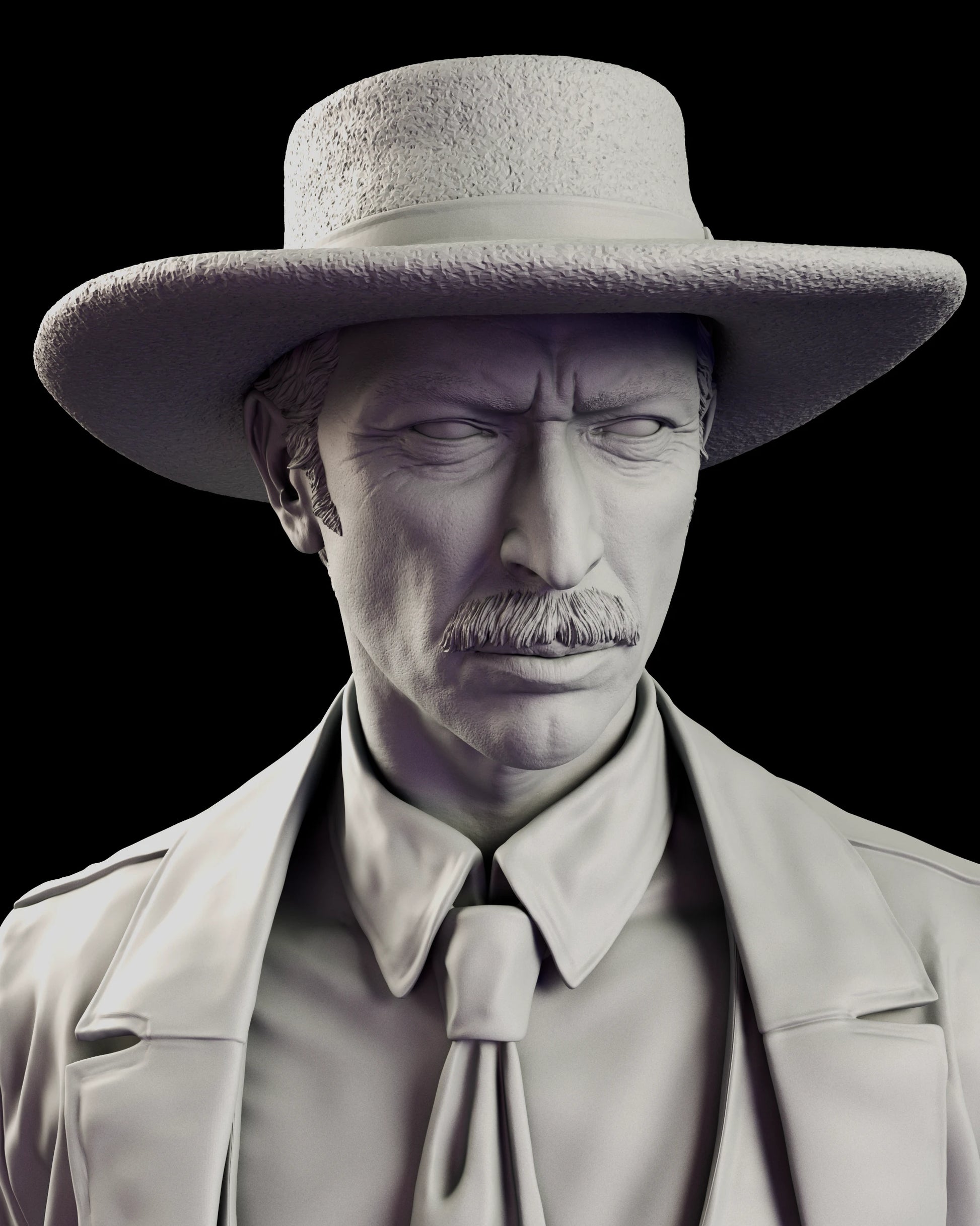 Portrait detail of the Colonel Douglas Mortimer figure model kit, showing the stippled felt hat brim, the deeply creased face, the narrowed eyes and the clipped moustache