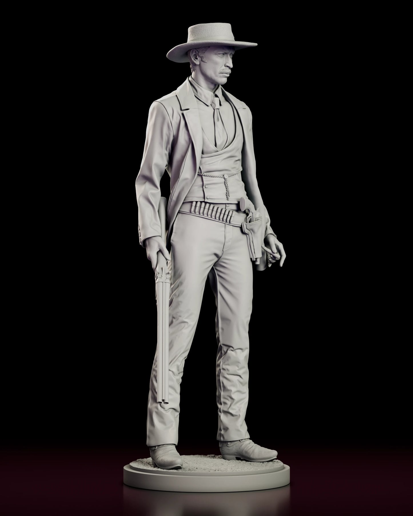 Right side view of the Colonel Douglas Mortimer figure model kit showing the open frock coat, the cartridge belt over the hip and the tooled holster with the revolver seated grip-forward