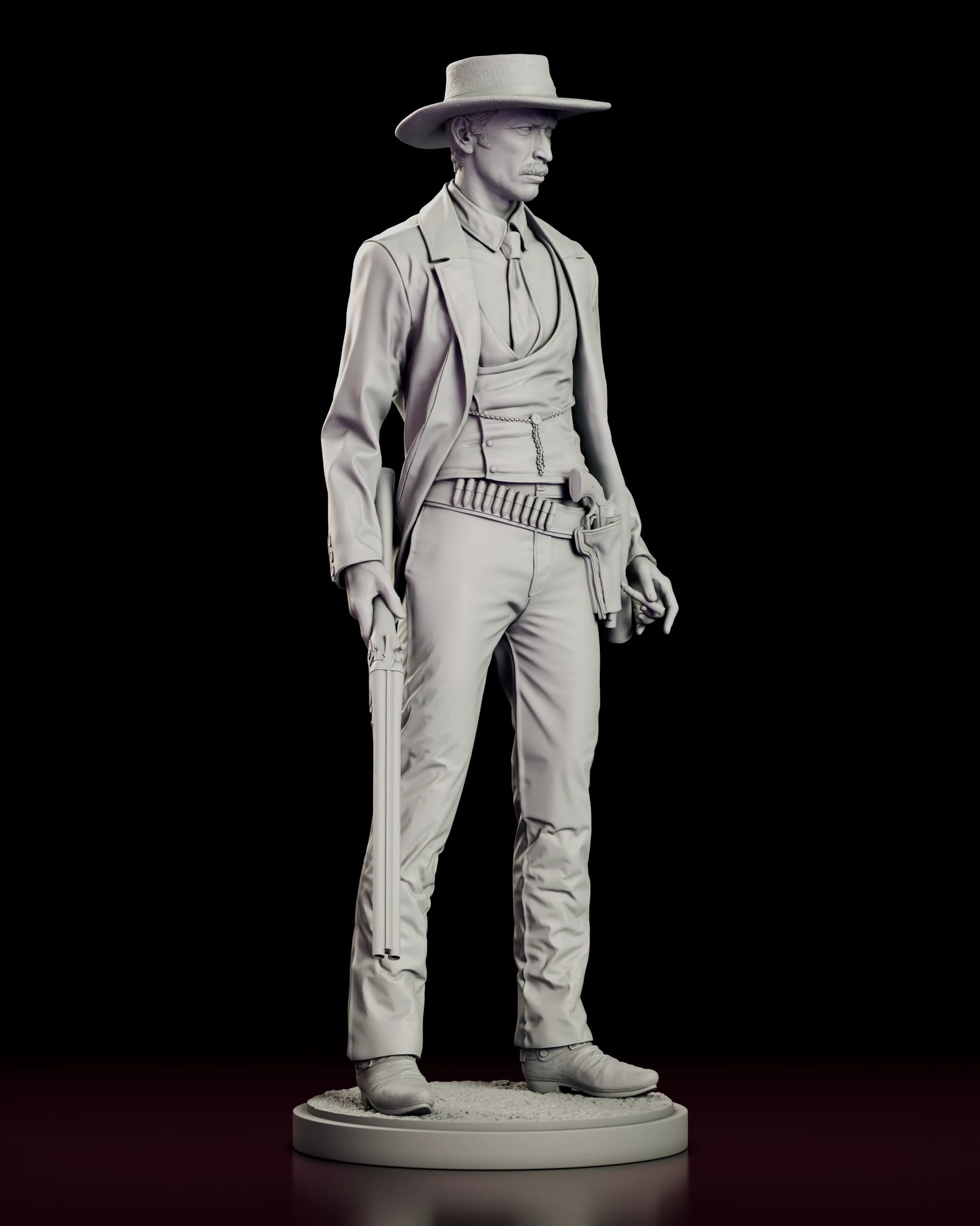 Right side view of the Colonel Douglas Mortimer figure model kit showing the open frock coat, the cartridge belt over the hip and the tooled holster with the revolver seated grip-forward
