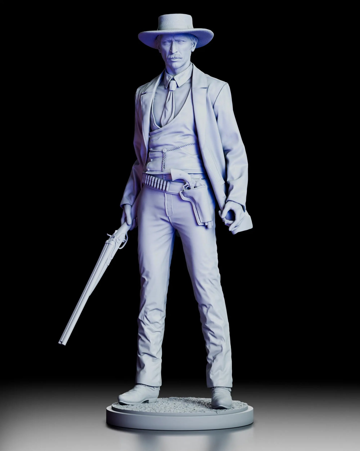 Front view of Colonel Douglas Mortimer western bounty hunter figure model kit holding a rifle and wearing a long coat and wide brim hat