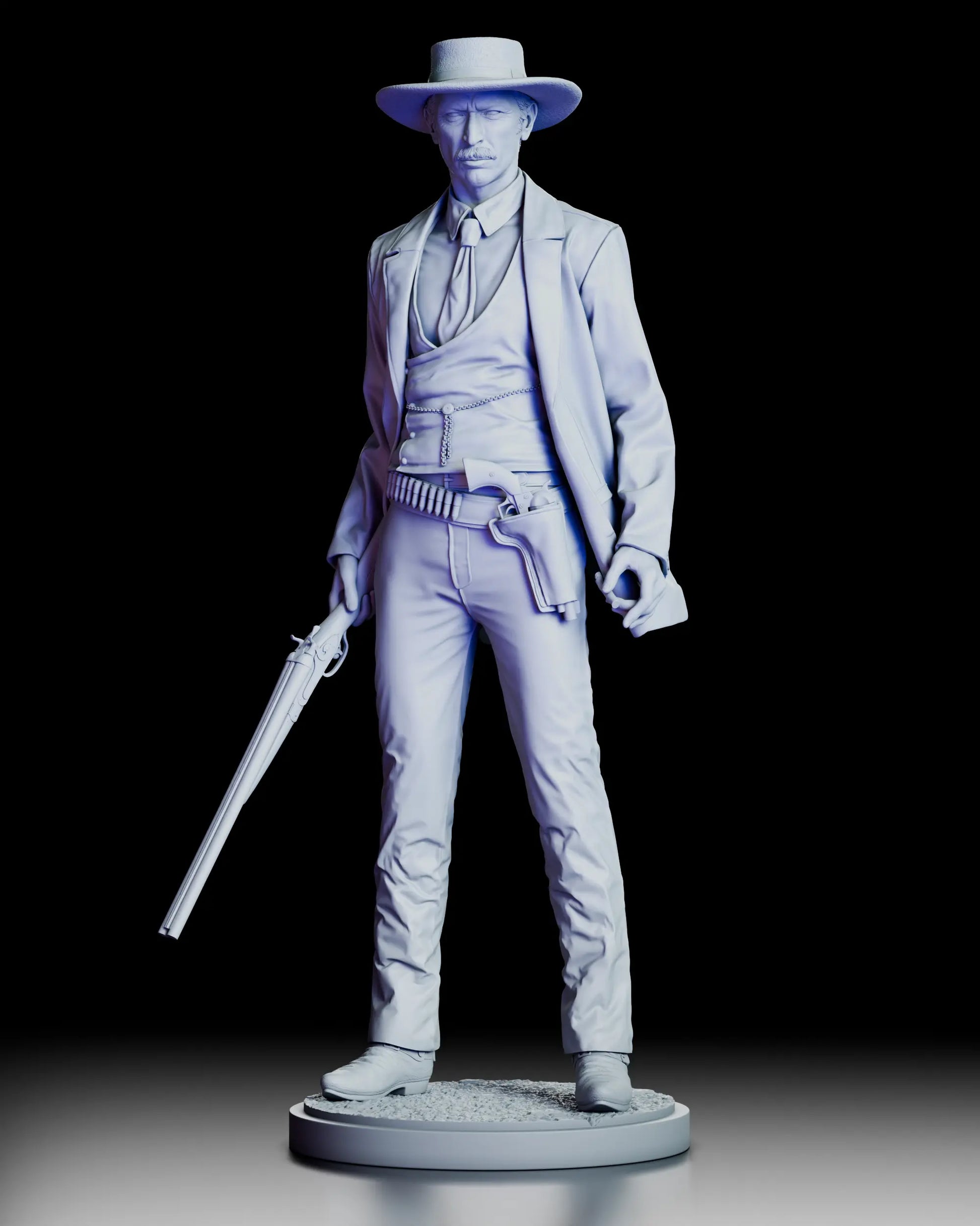 Front view of Colonel Douglas Mortimer western bounty hunter figure model kit holding a rifle and wearing a long coat and wide brim hat
