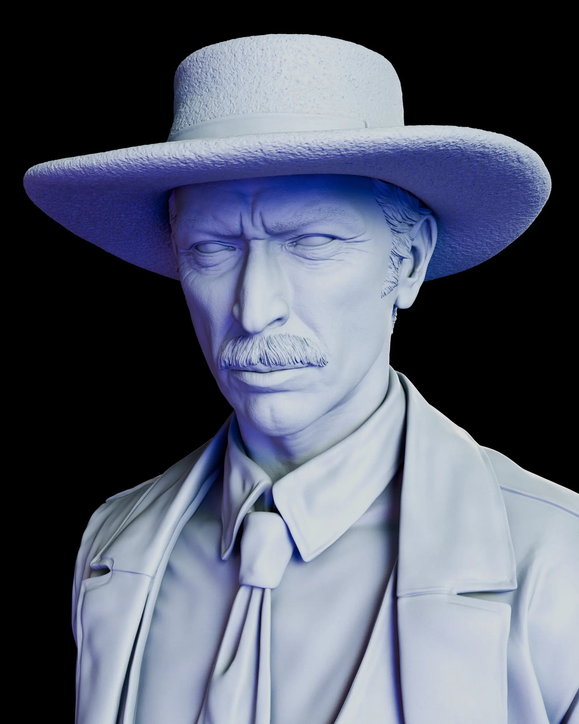 Close-up portrait of Colonel Douglas Mortimer western bounty hunter figure model kit showing detailed facial sculpt and classic wide brim hat
