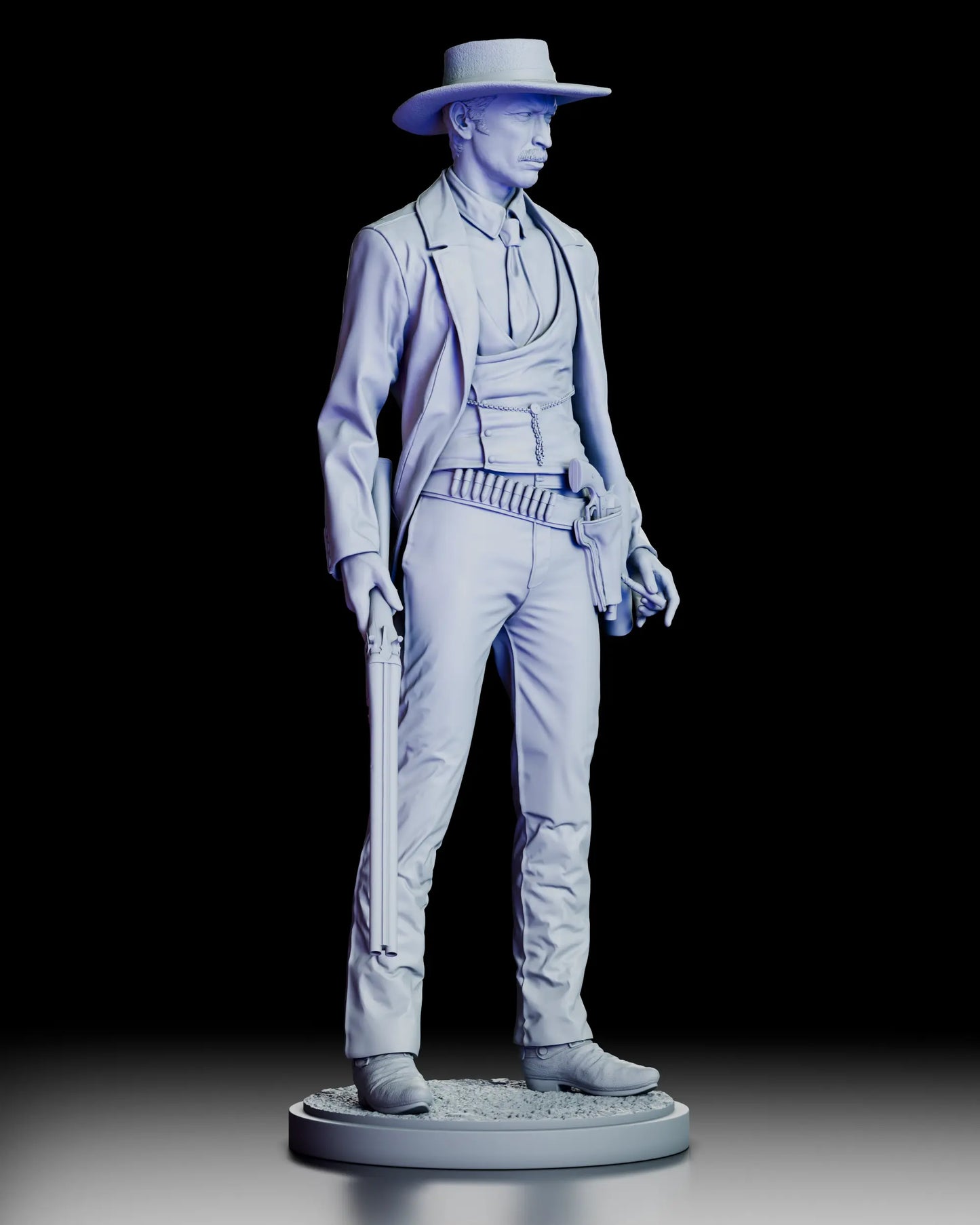 Right profile view of Colonel Douglas Mortimer western bounty hunter figure model kit displaying holster, ammunition belt, and coat details