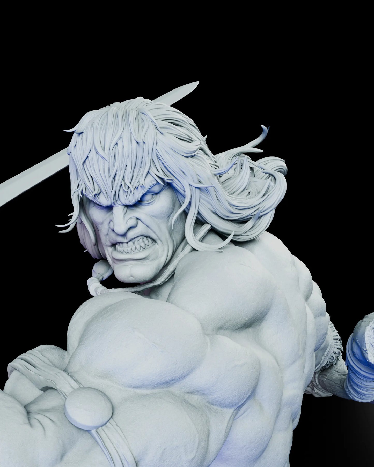 Close up portrait of Conan the Barbarian figure model kit featuring long windswept hair and fierce battle expression