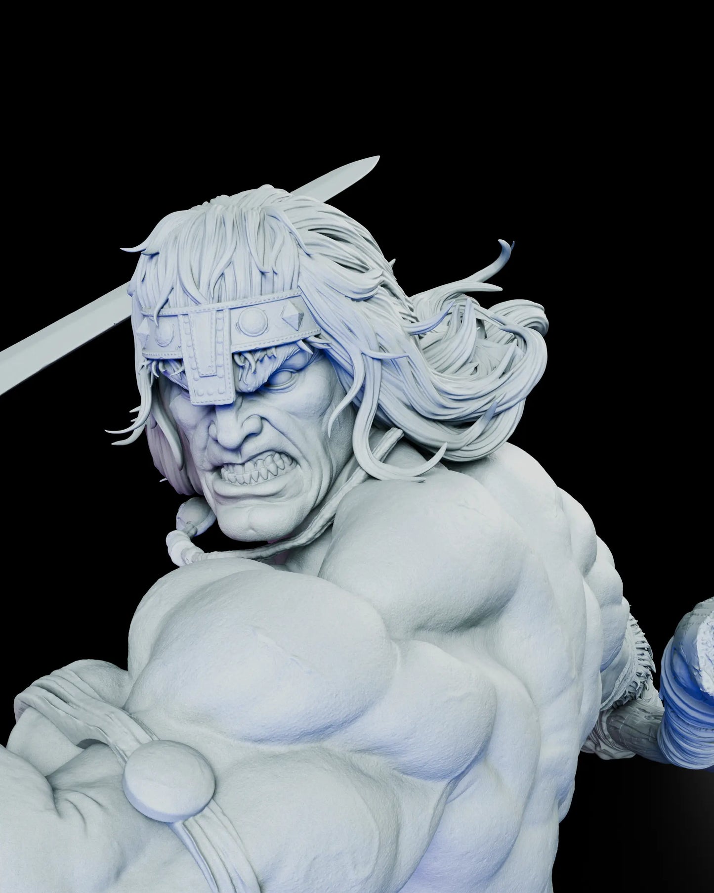 Close up portrait of Conan the Barbarian resin kit with ornate headband and snarling battle ready expression