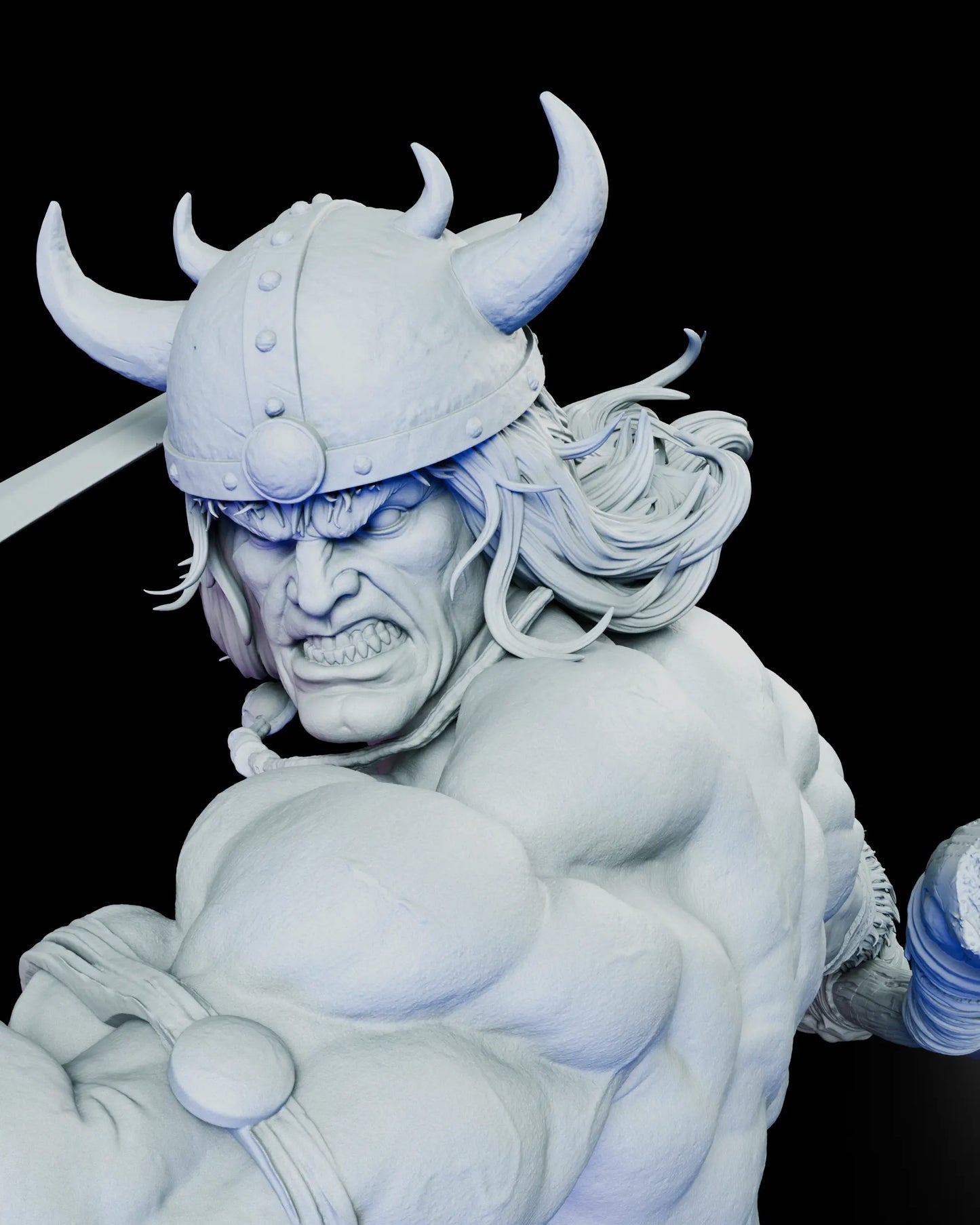 Close up portrait of Conan the Barbarian figure model kit wearing horned helmet with detailed sculpted facial features