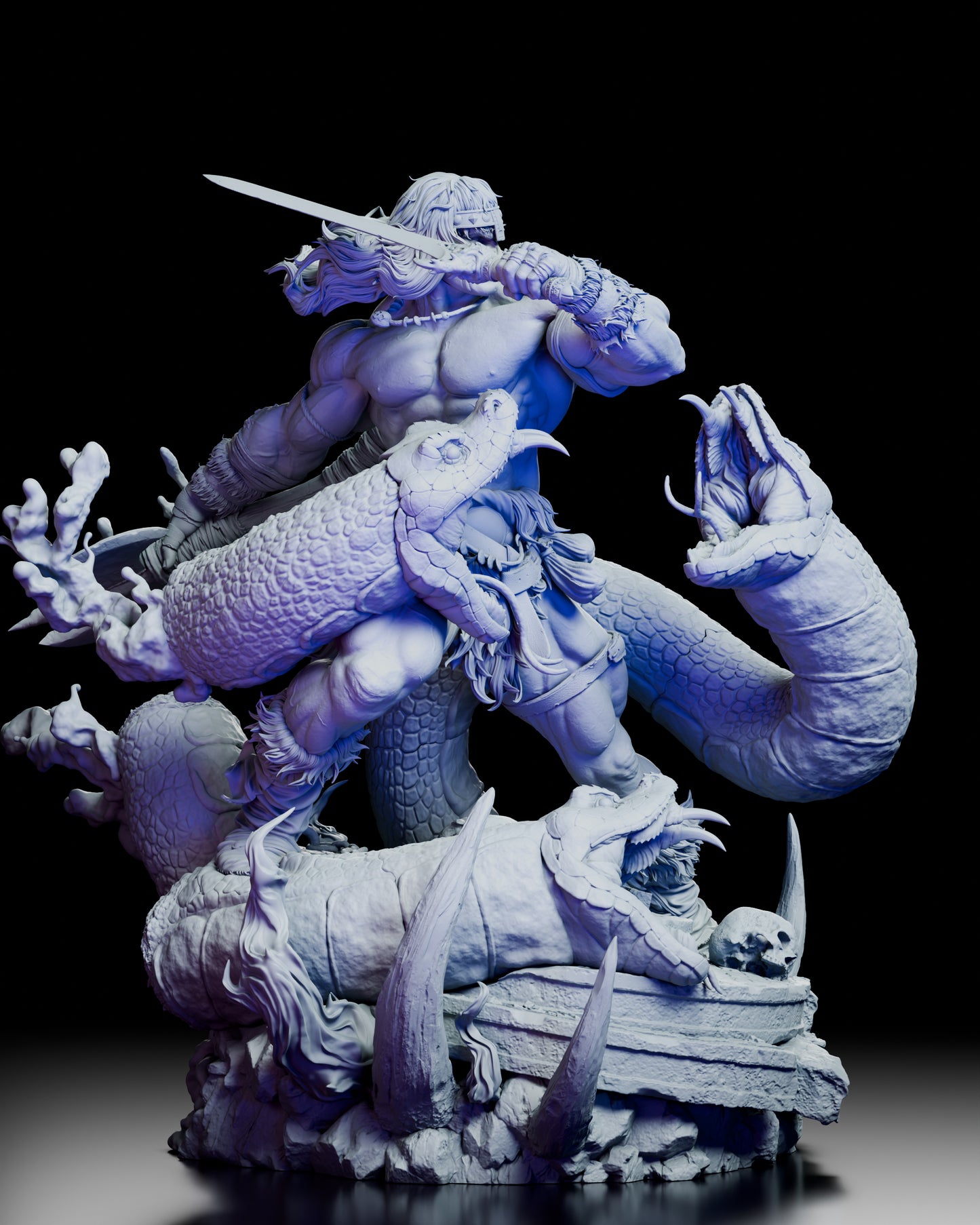 Right side view of Conan the Barbarian figure model highlighting serpent heads and layered battlefield base textures