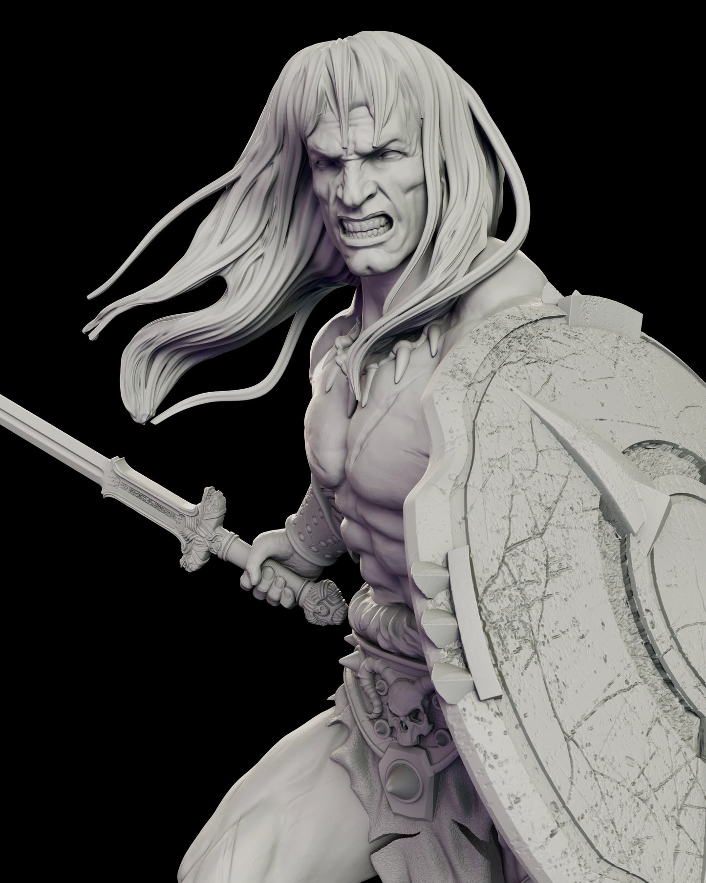 Close view of the alternate sword option for the Conan the Cimmerian figure model kit, an ornate broadsword with an engraved blade and decorated guard held in the right hand beside the cracked shield