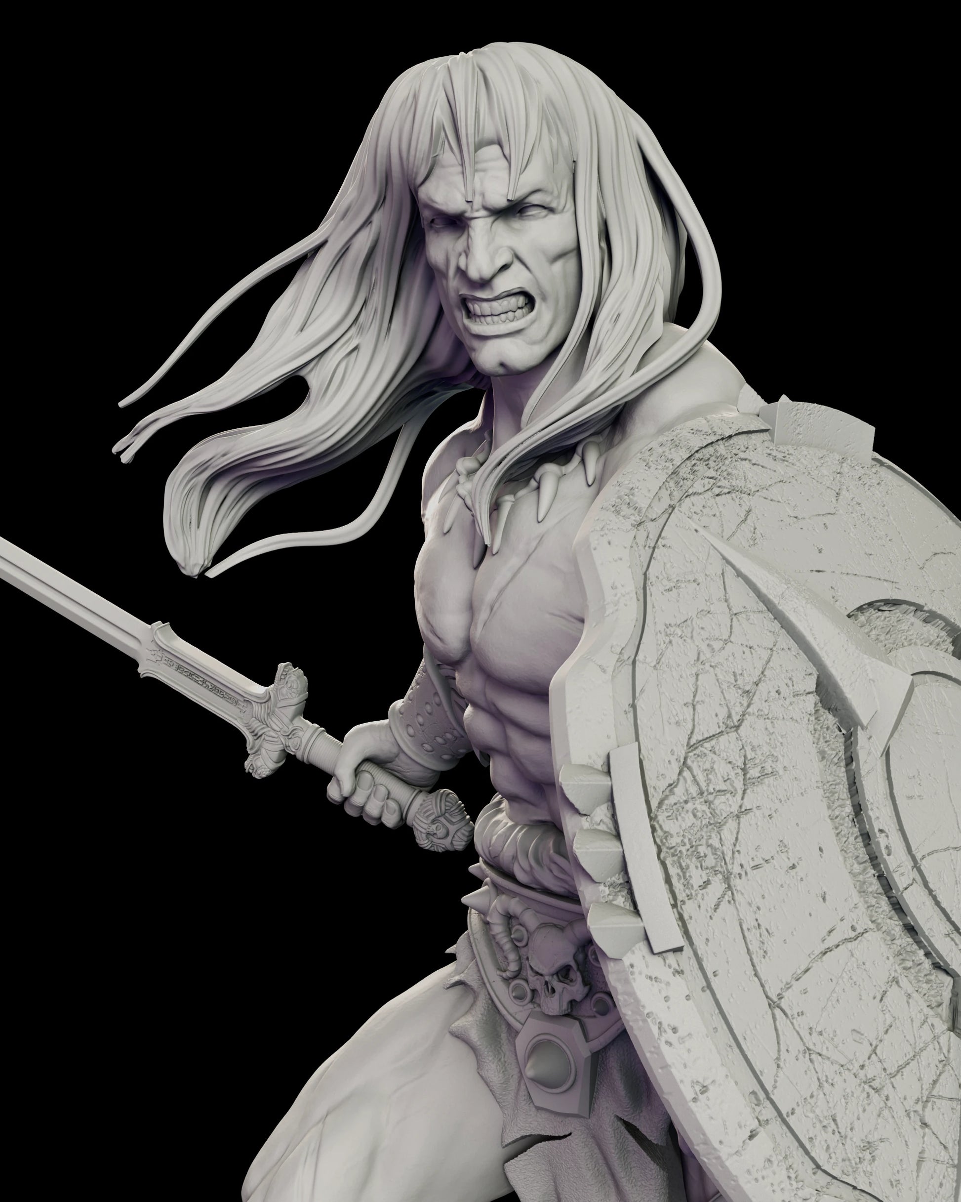 Close view of the alternate sword option for the Conan the Cimmerian figure model kit, an ornate broadsword with an engraved blade and decorated guard held in the right hand beside the cracked shield