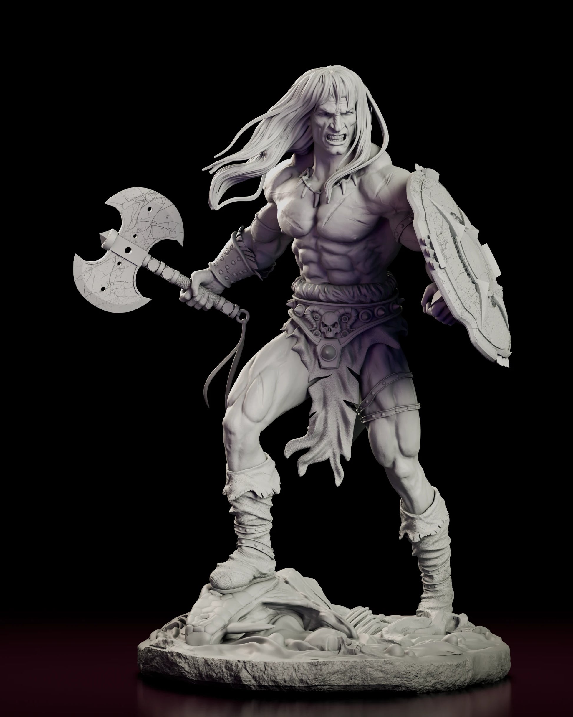 Front view of the Conan the Cimmerian figure model kit charging forward with a double-bladed axe in the right hand and a battered shield on the left arm