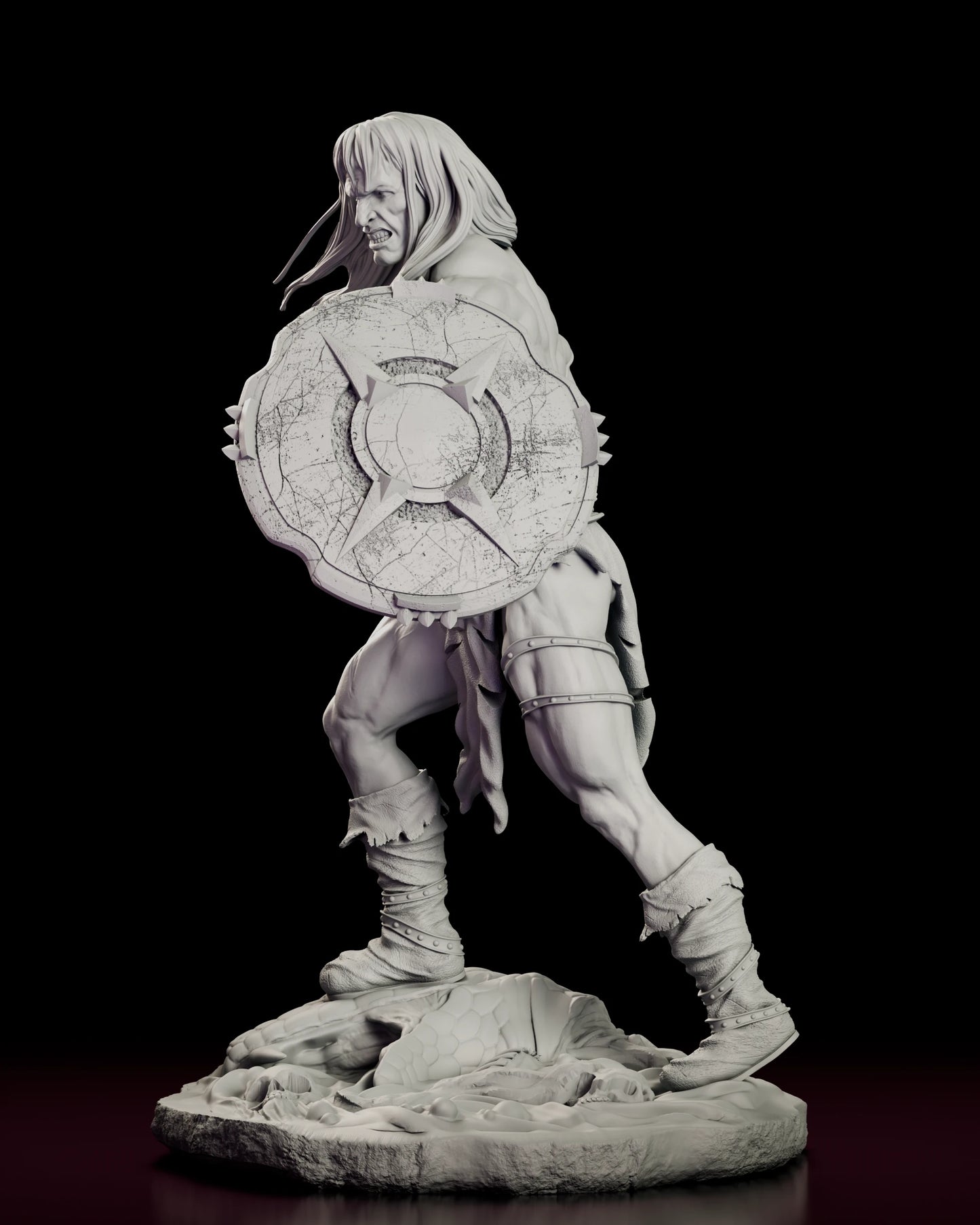 Left side view of the Conan the Cimmerian figure model kit showing the cracked shield strapped to the forearm and the tattered loincloth trailing the movement