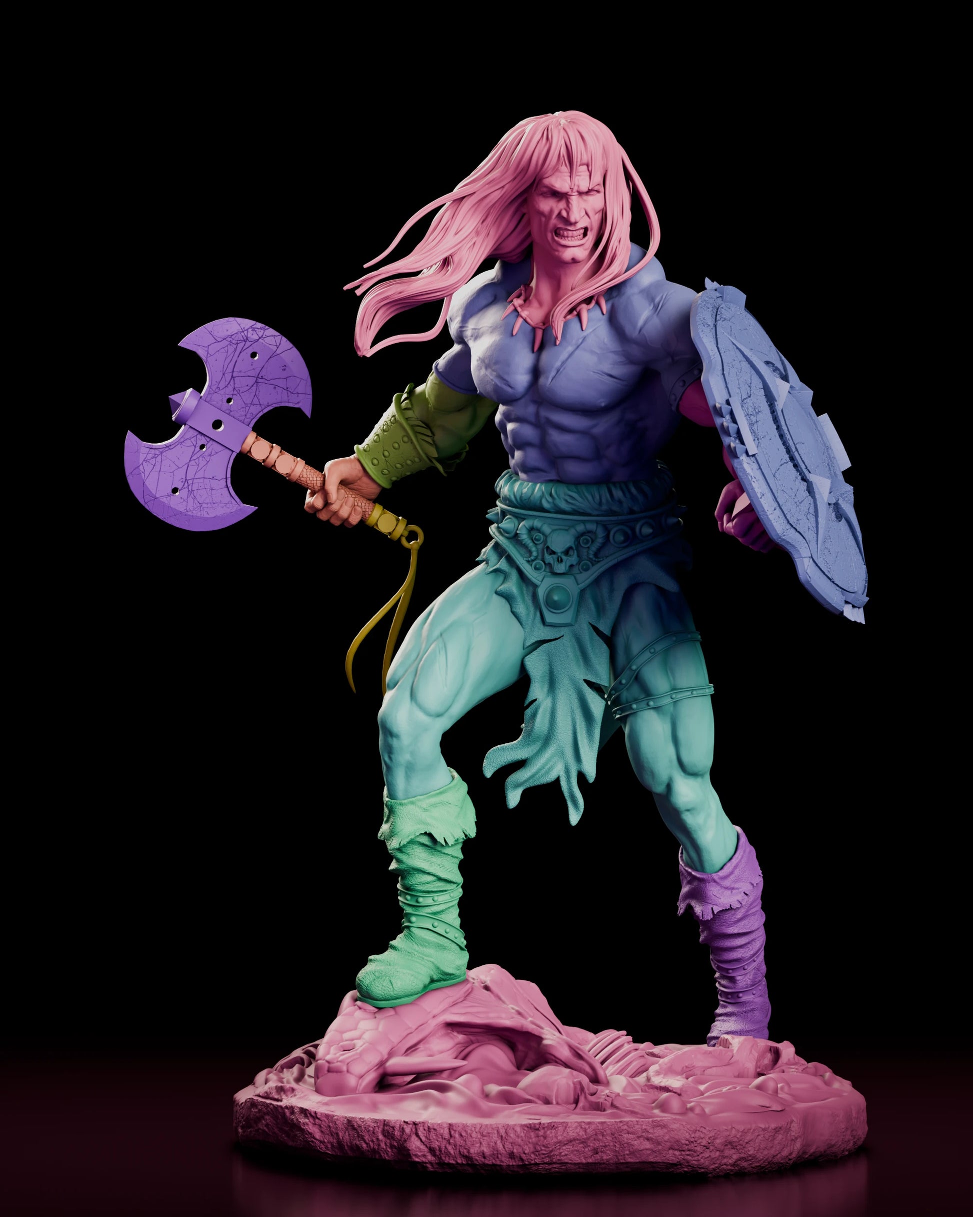 Parts breakdown of the Conan the Cimmerian figure model kit with each component shown in a separate color, including head, torso, arms, belt, legs, boots, axe and shield