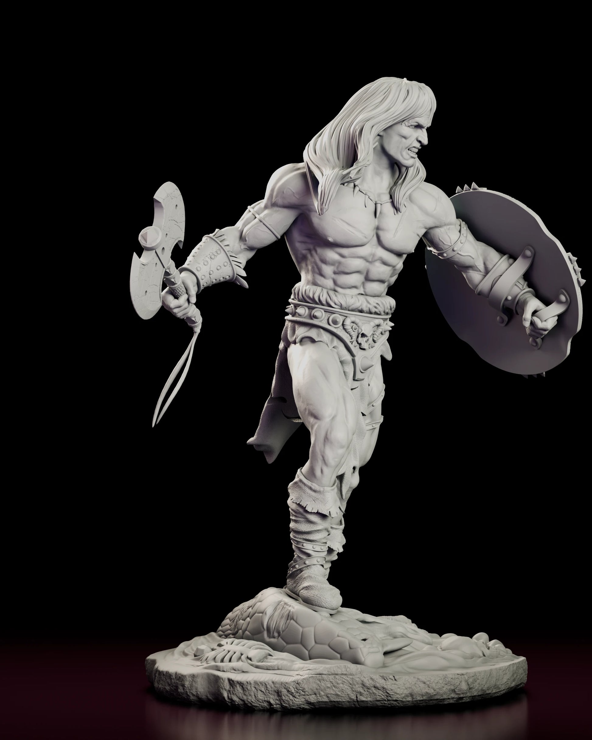 Right side view of the Conan the Cimmerian figure model kit showing the axe arm drawn back and the muscled torso twisting into the stride