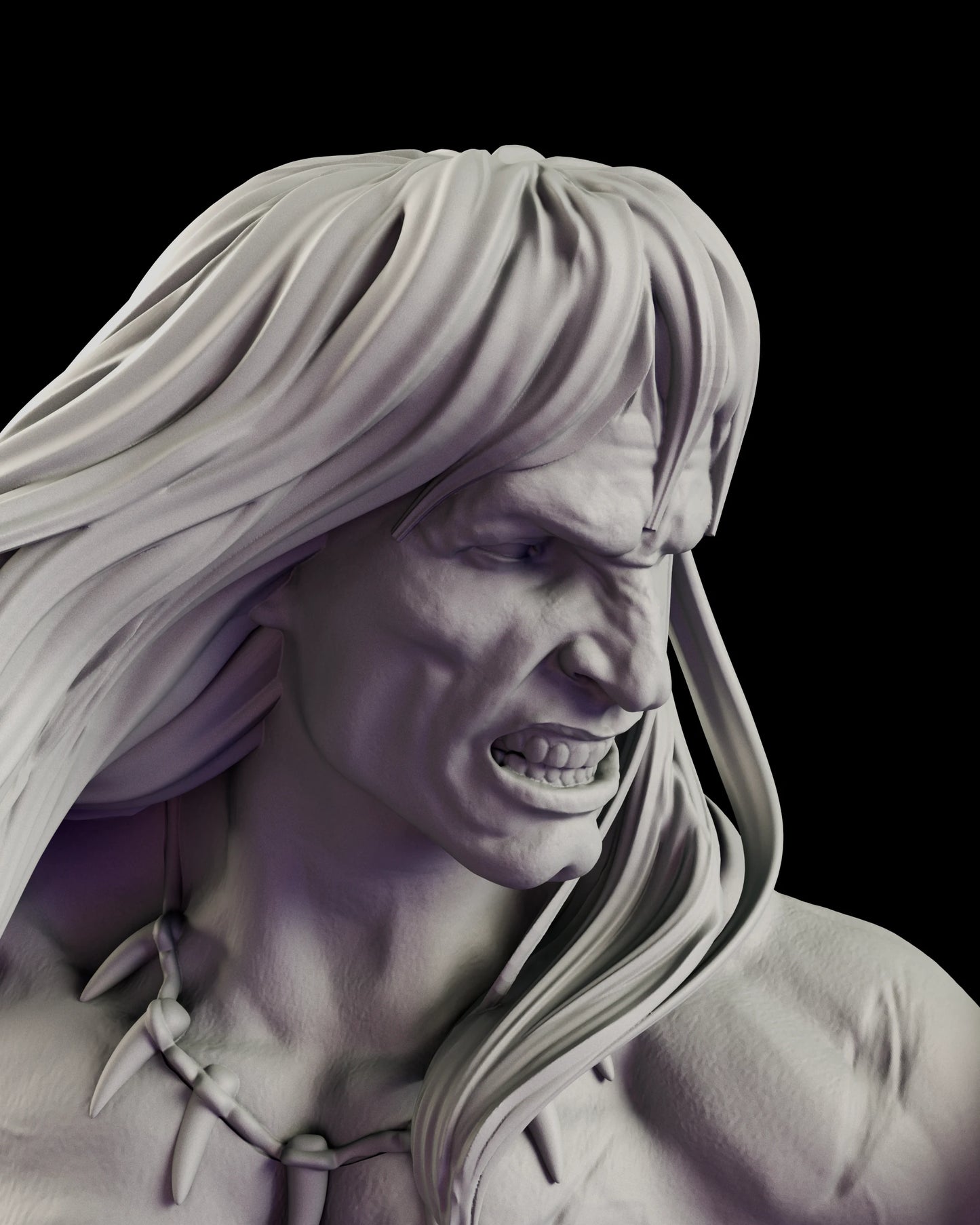 Portrait view of the Conan the Cimmerian figure model kit showing the snarling face, furrowed brow and windswept hair above a fang necklace
