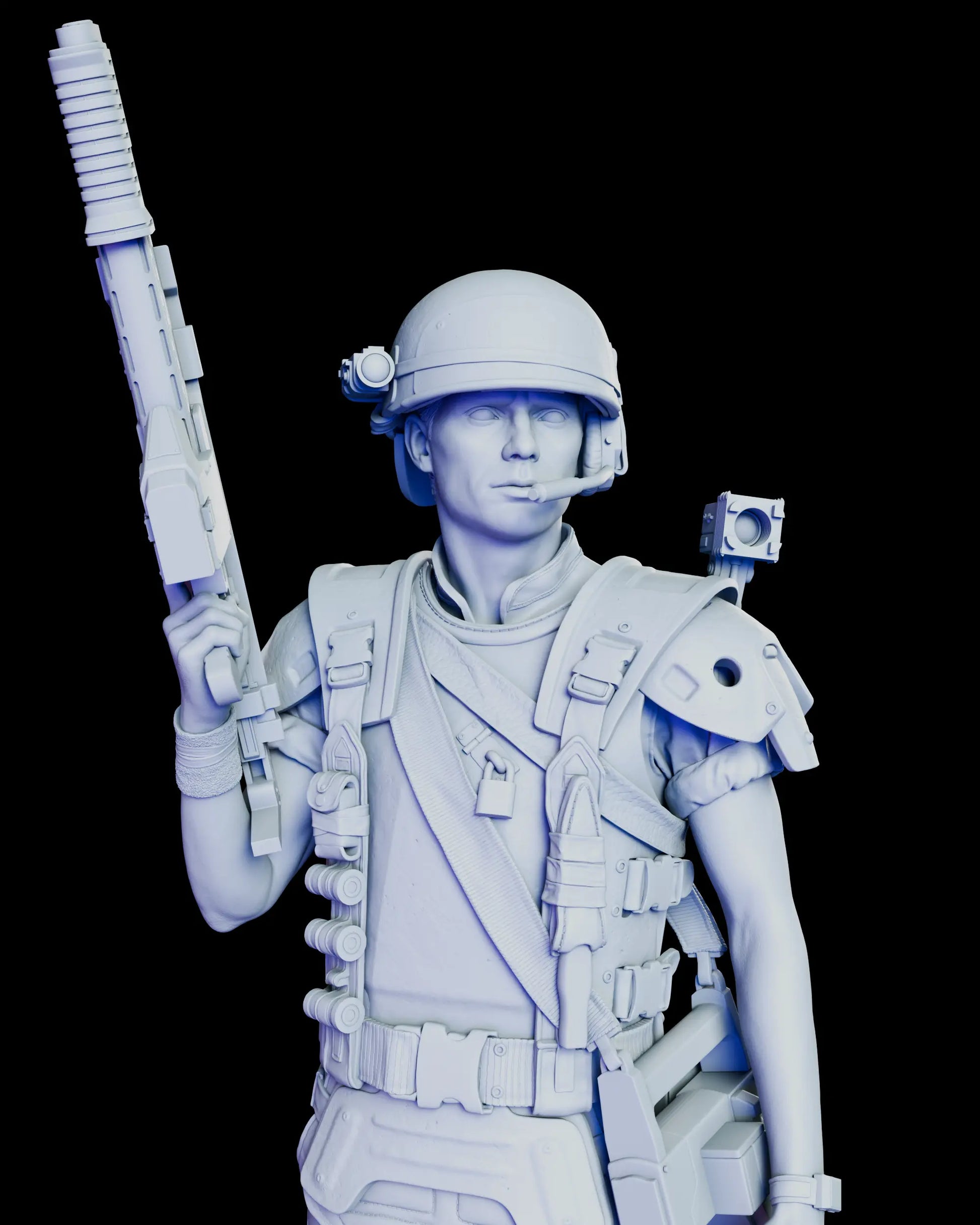 Corporal Hicks Aliens figure kit front upper body view highlighting combat helmet with mounted lights, shoulder camera, tactical vest with pouches, and pulse rifle grip