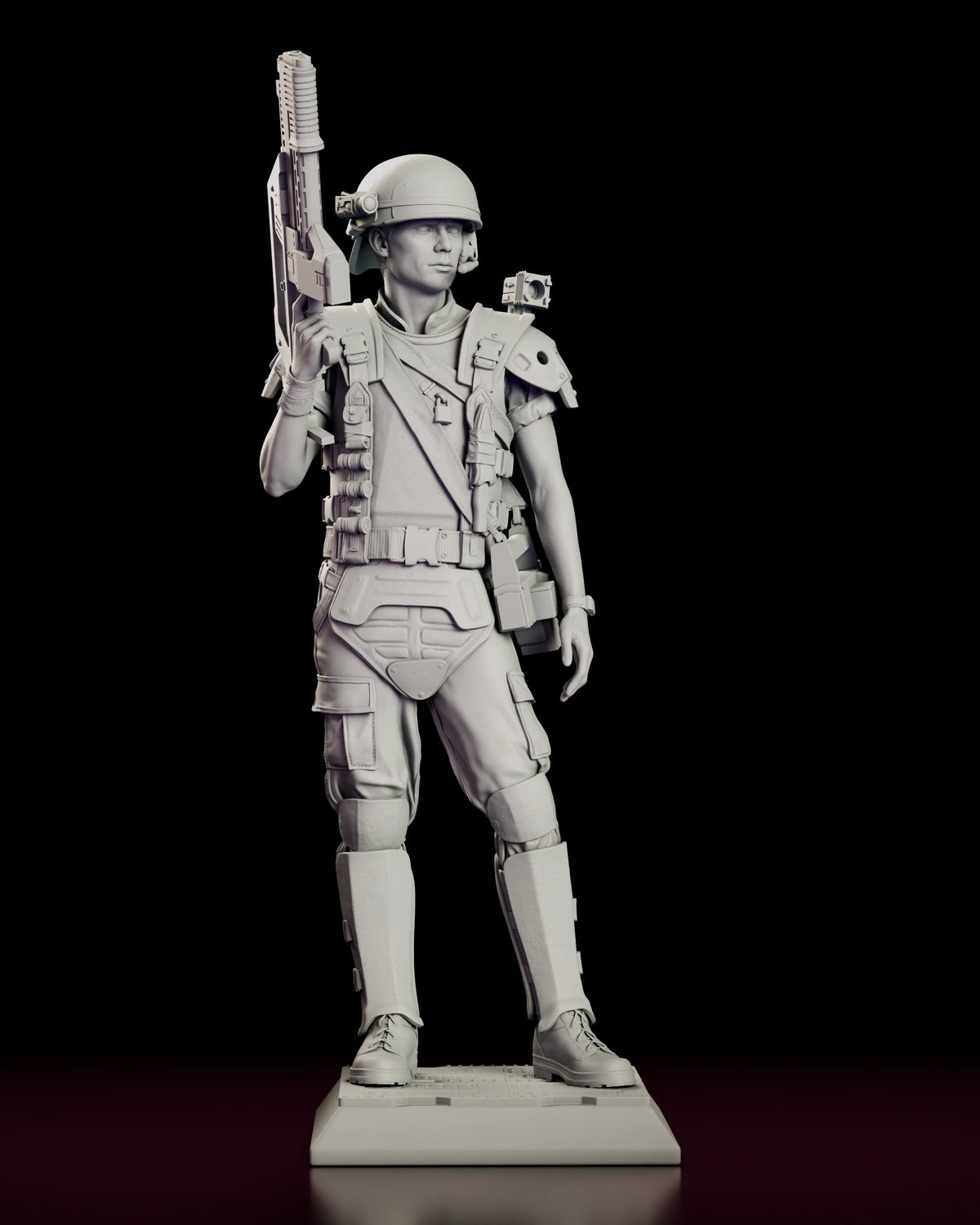 Front view of the Corporal Hicks figure model kit showing the full Colonial Marine loadout from helmet to laced boots