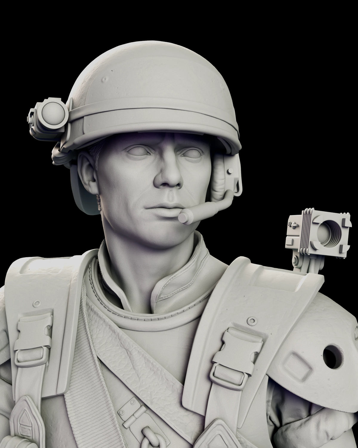 Head study of Corporal Hicks in his lamp-mounted combat helmet with the boom mic curving to the corner of his mouth