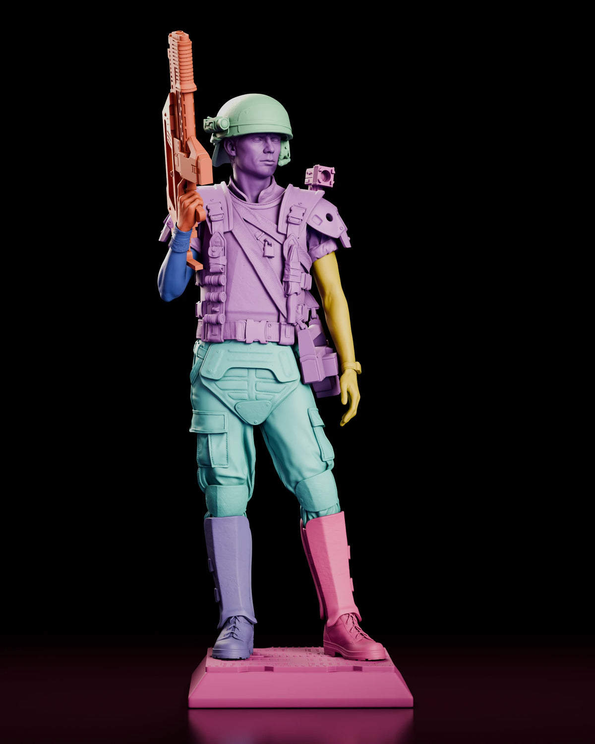 Parts breakdown render of the Corporal Hicks figure model kit with each separate component shown in a different colour