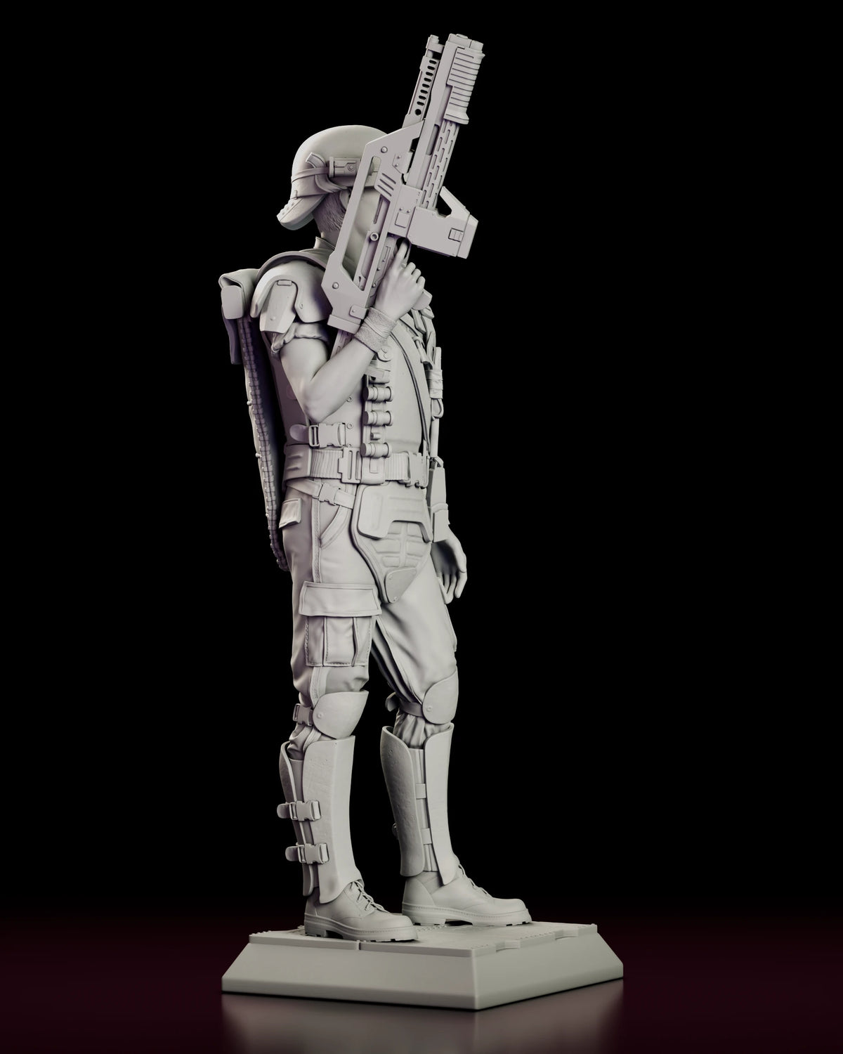 Right side view of the Corporal Hicks figure model kit showing the rifle against his shoulder and the strapped shin guard