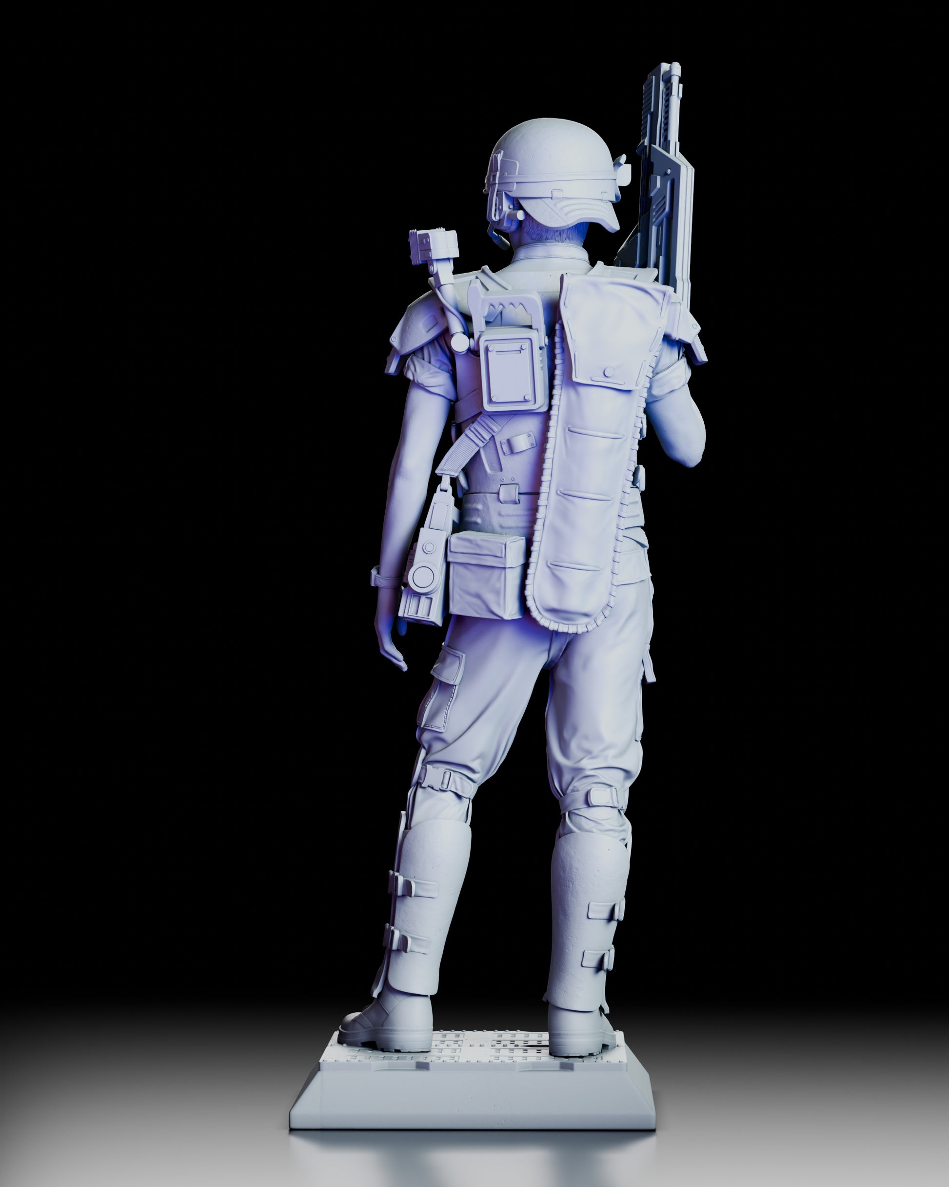 Corporal Hicks Colonial Marine figure model kit rear view showing tactical backpack, pulse rifle, shoulder camera, combat armor, and leg pouches in unpainted resin